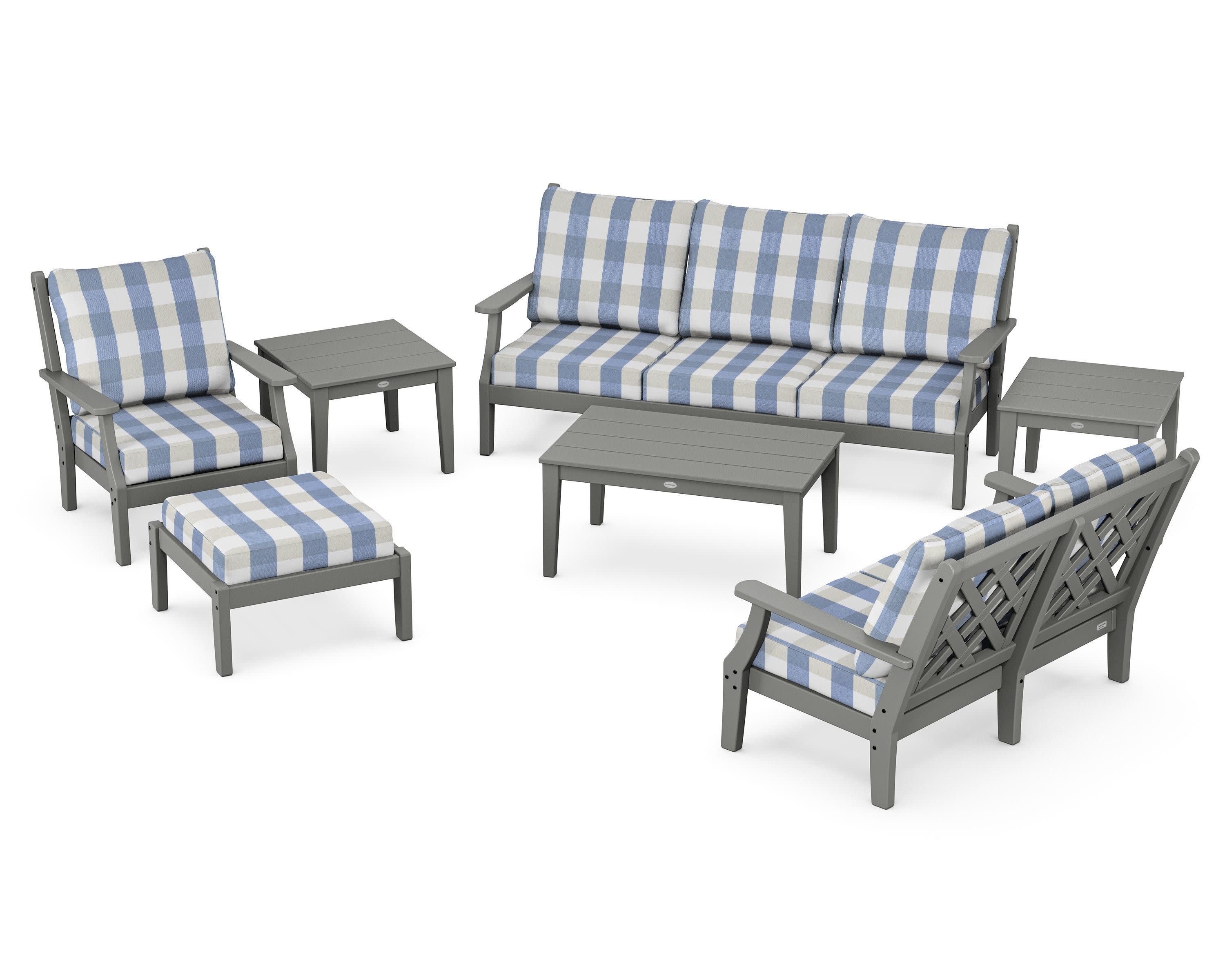 Wovendale 7-Piece Deep Seating Set in Slate Grey / Buffalo Plaid Sky Blue