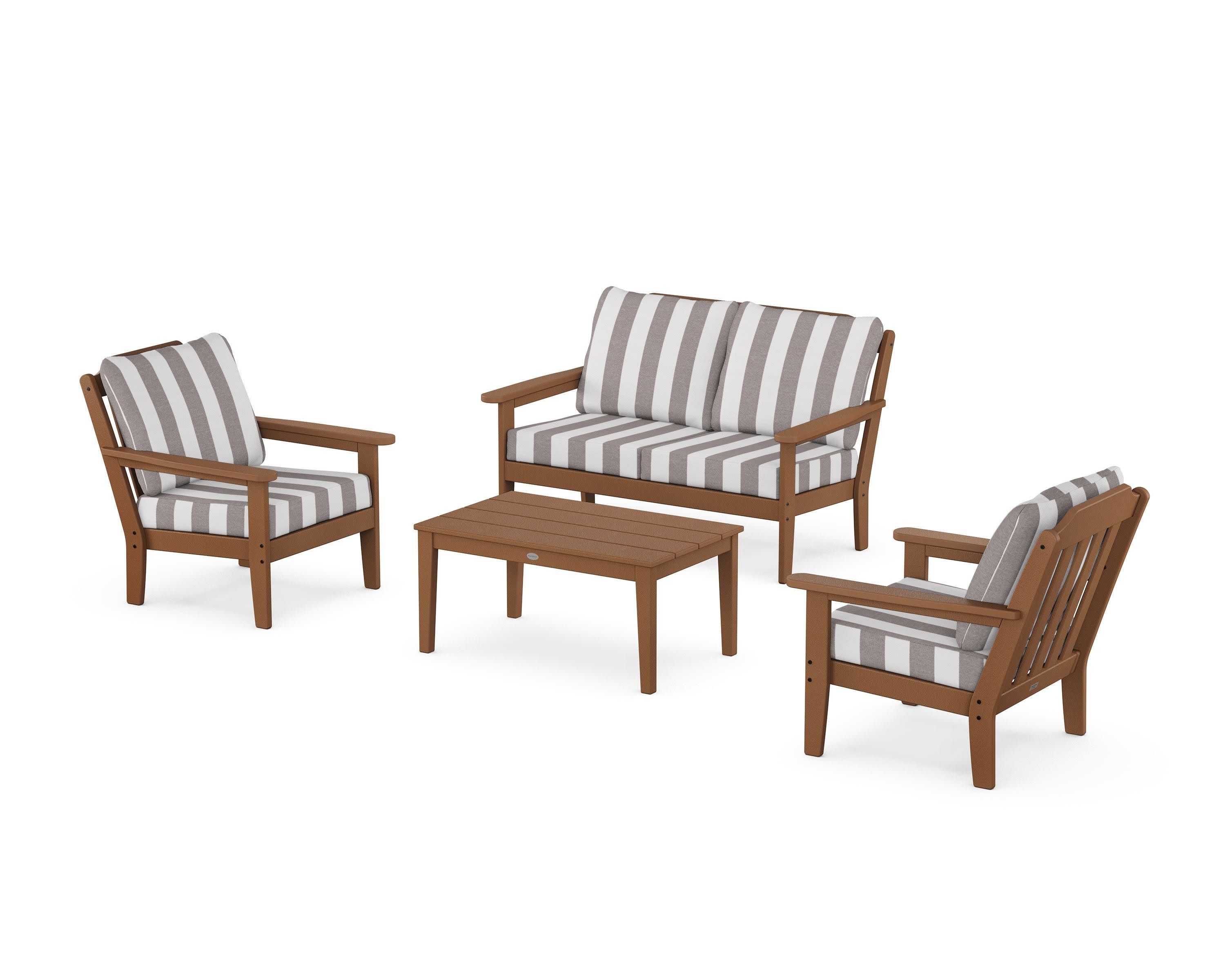 Cottage 4-Piece Deep Seating Set with Loveseat in Teak / Cabana Stripe Grey Mist