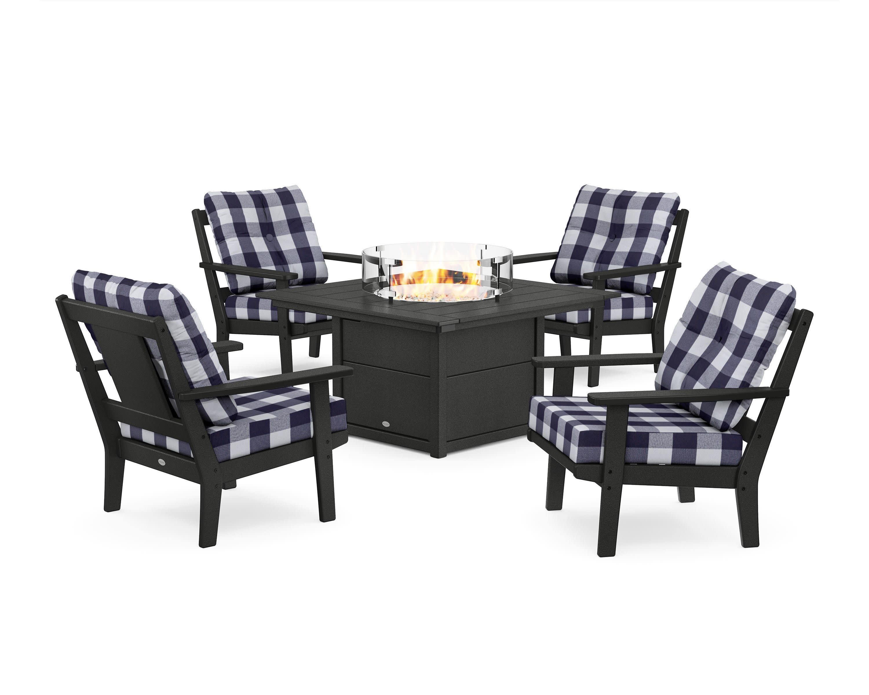 Prairie 5-Piece Deep Seating Set with Fire Pit Table in Black / Buffalo Plaid Navy