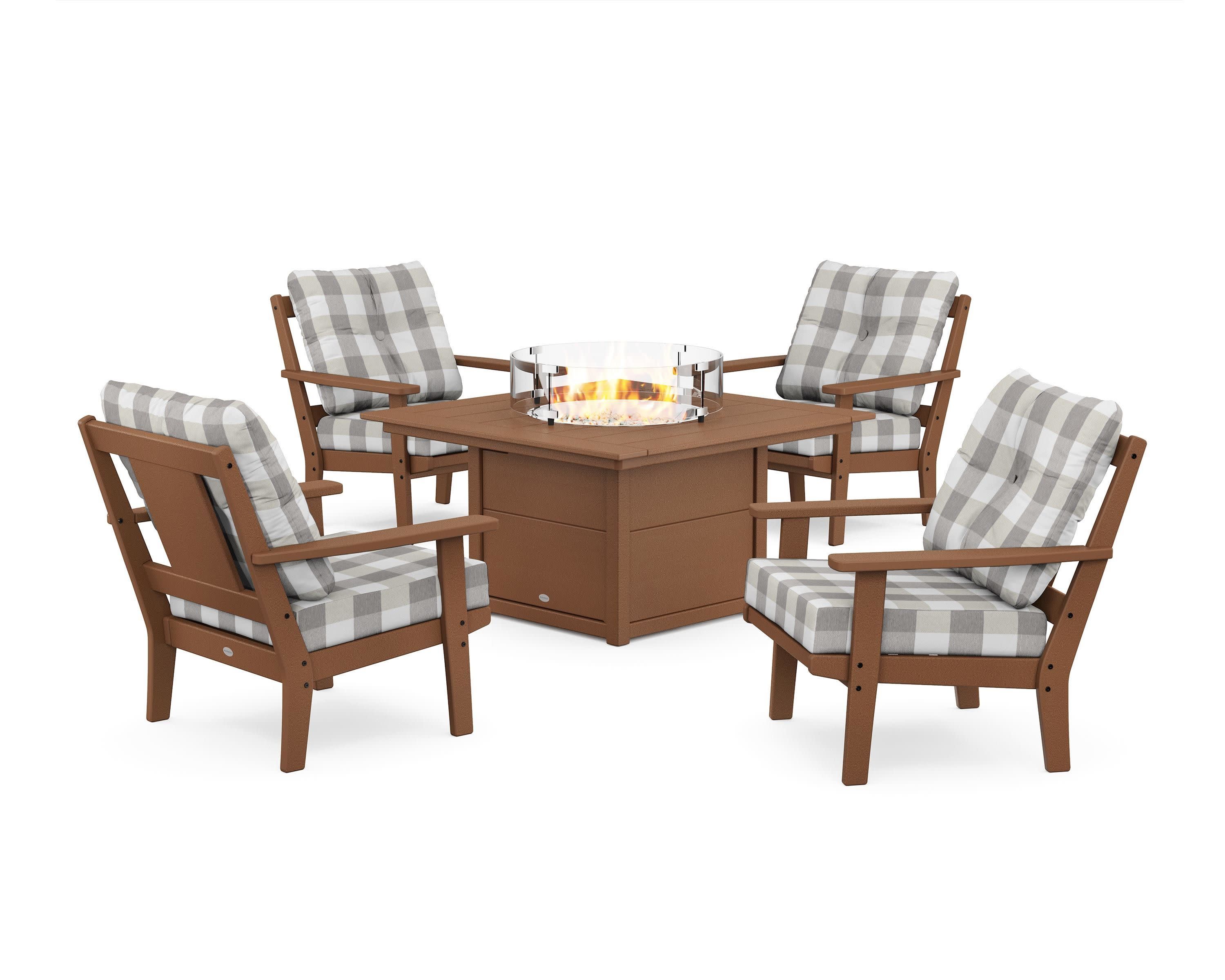 Prairie 5-Piece Deep Seating Set with Fire Pit Table in Teak / Buffalo Plaid Grey Mist