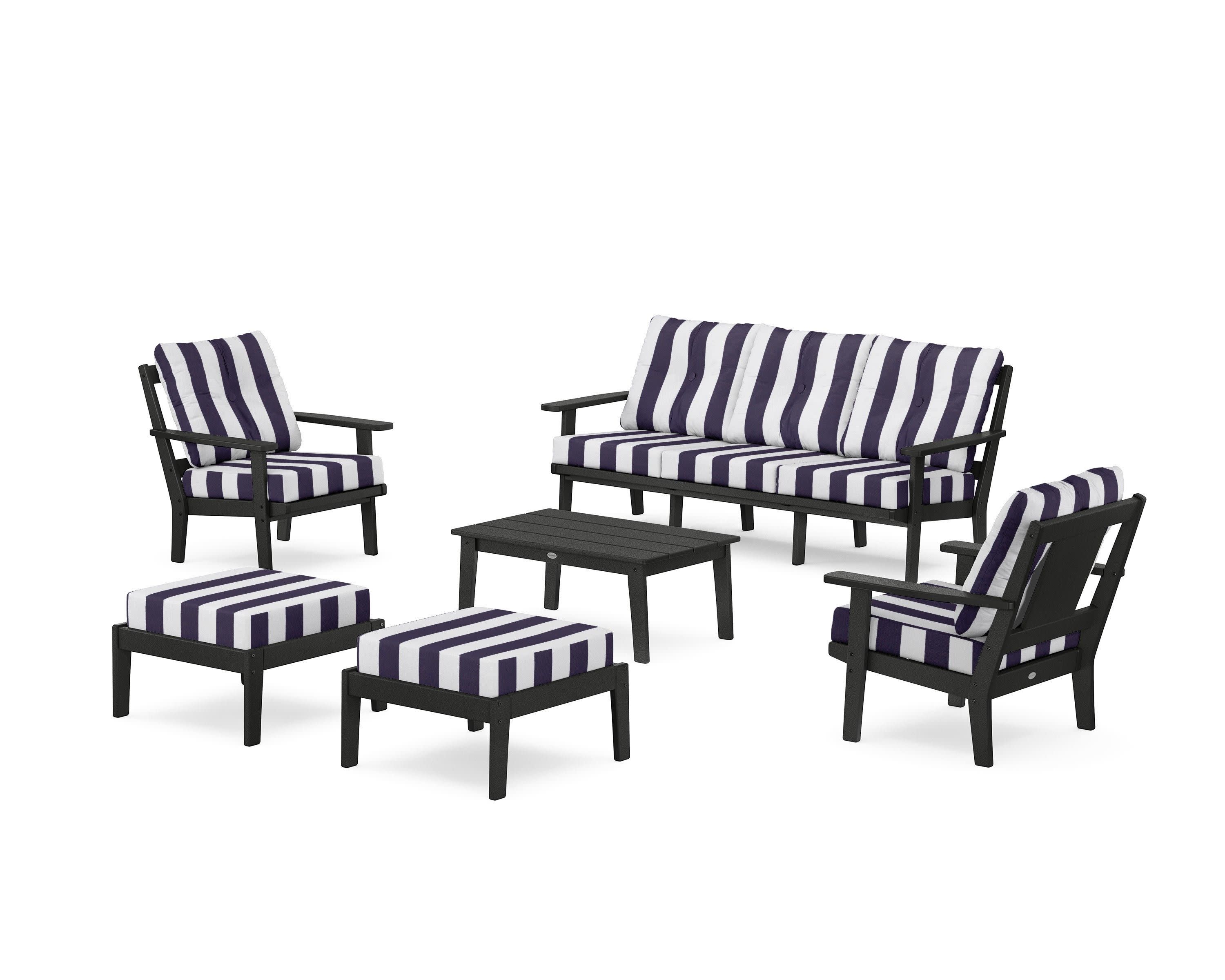 Prairie 6-Piece Lounge Sofa Set in Black / Cabana Stripe Navy