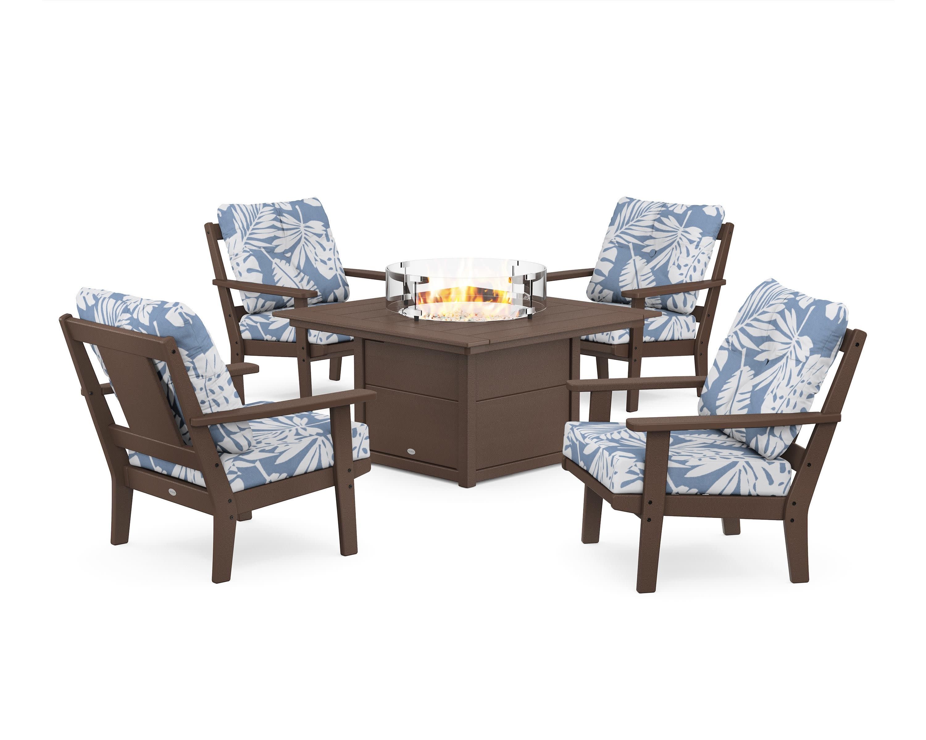 Prairie 5-Piece Deep Seating Set with Fire Pit Table in Mahogany / Leaf Sky Blue