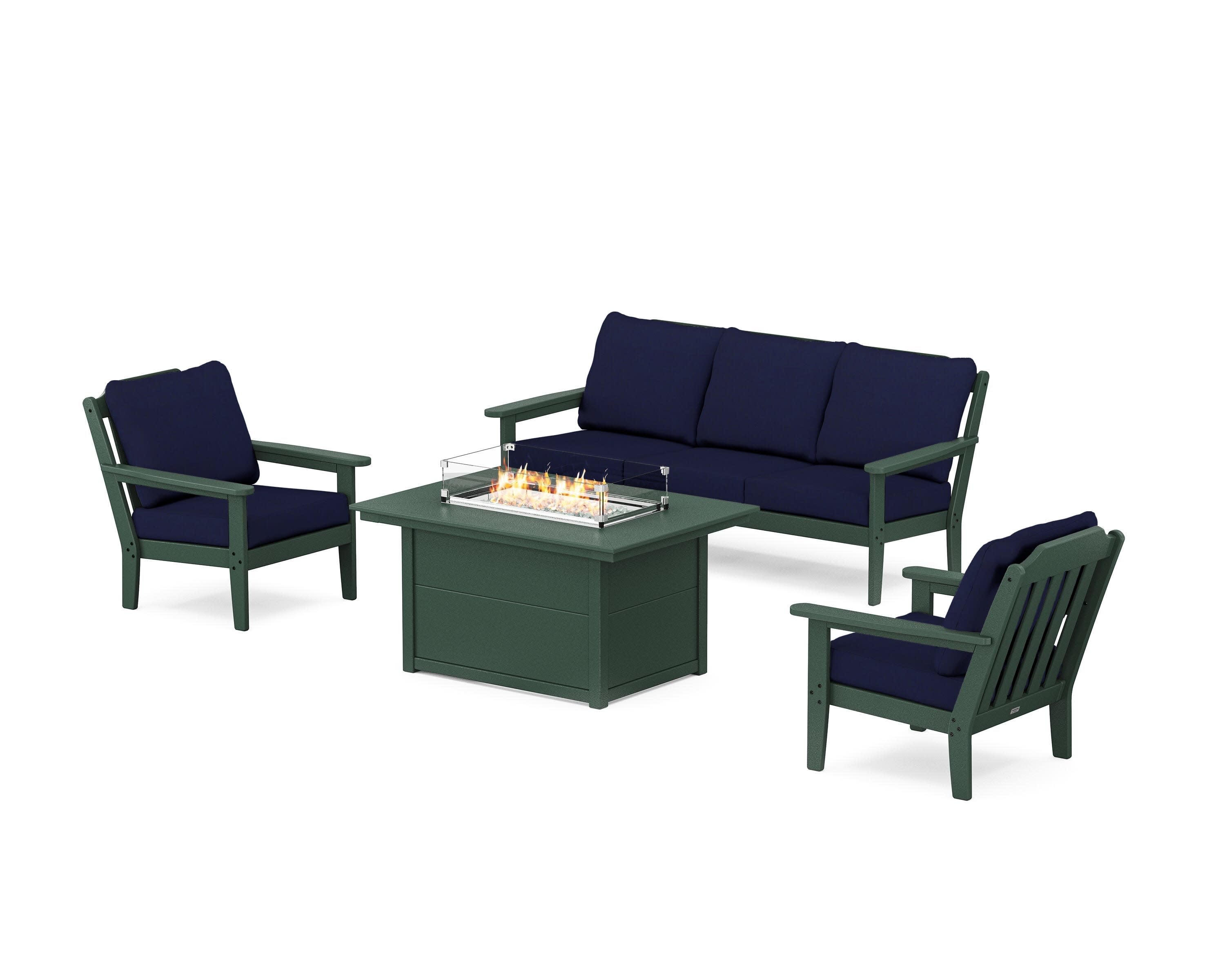 Cottage Deep Seating Fire Pit Table Set in Green / Navy