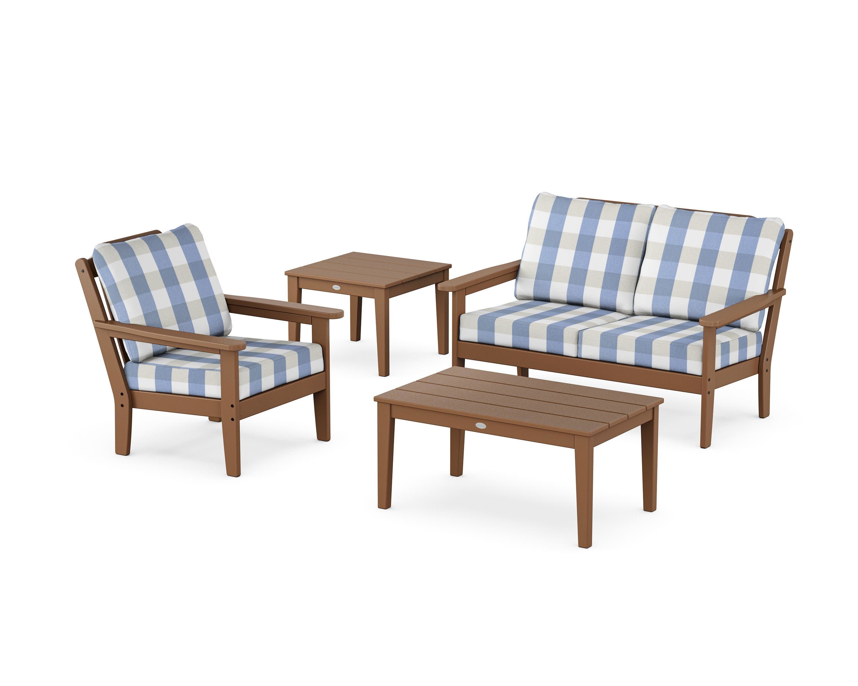 Wovendale 4-Piece Deep Seating Set in Teak / Buffalo Plaid Sky Blue