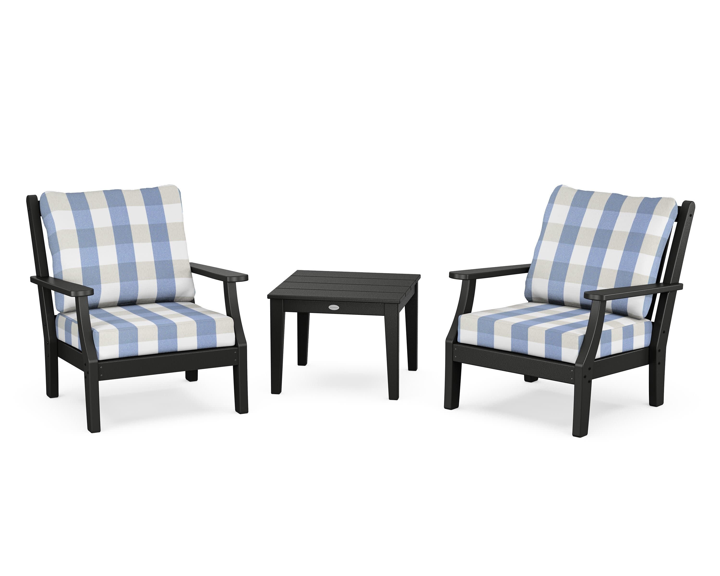 Wovendale 3-Piece Deep Seating Set in Black / Buffalo Plaid Sky Blue