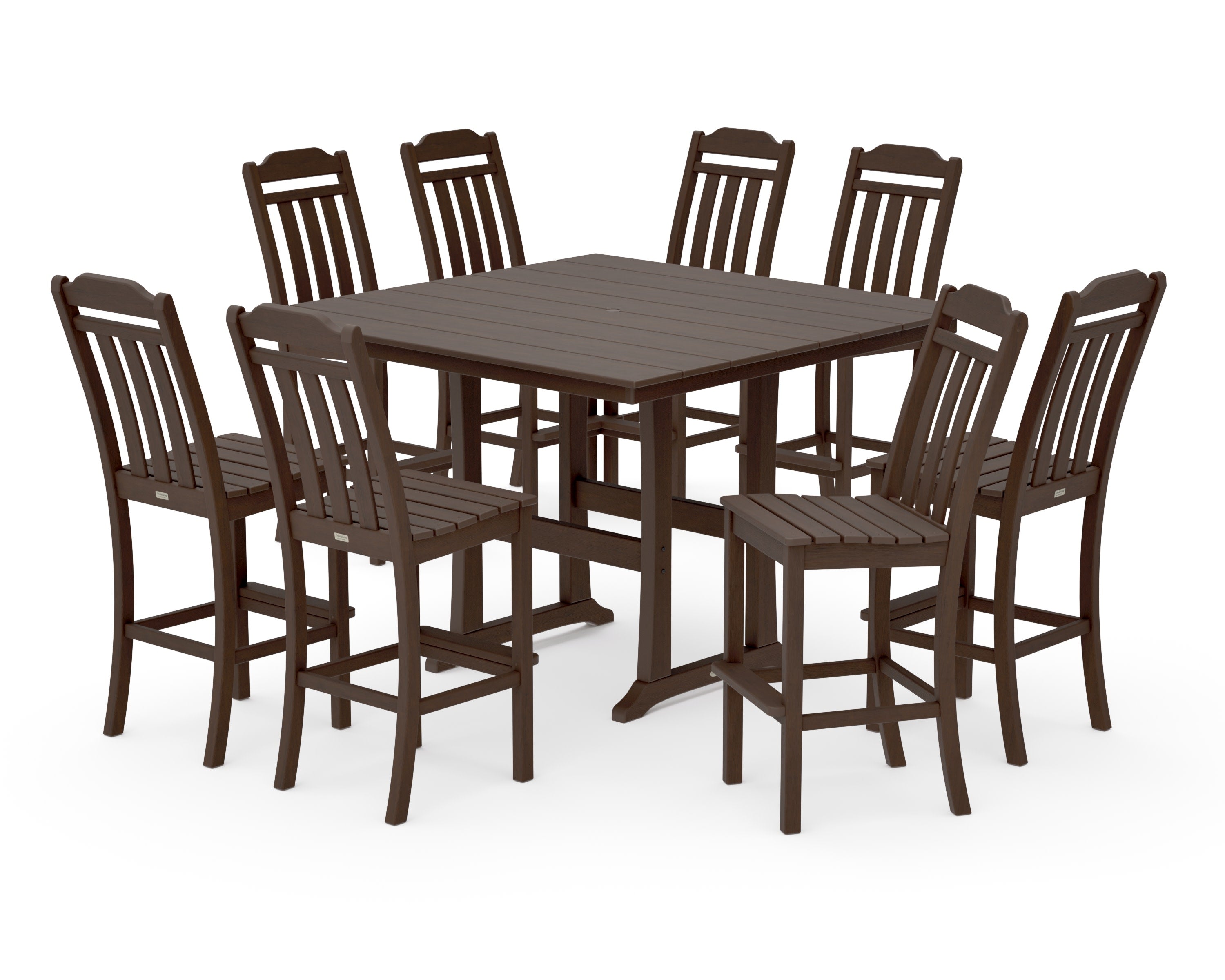 Cottage 9-Piece Square Farmhouse Side Chair Bar Set with Trestle Legs in Kona