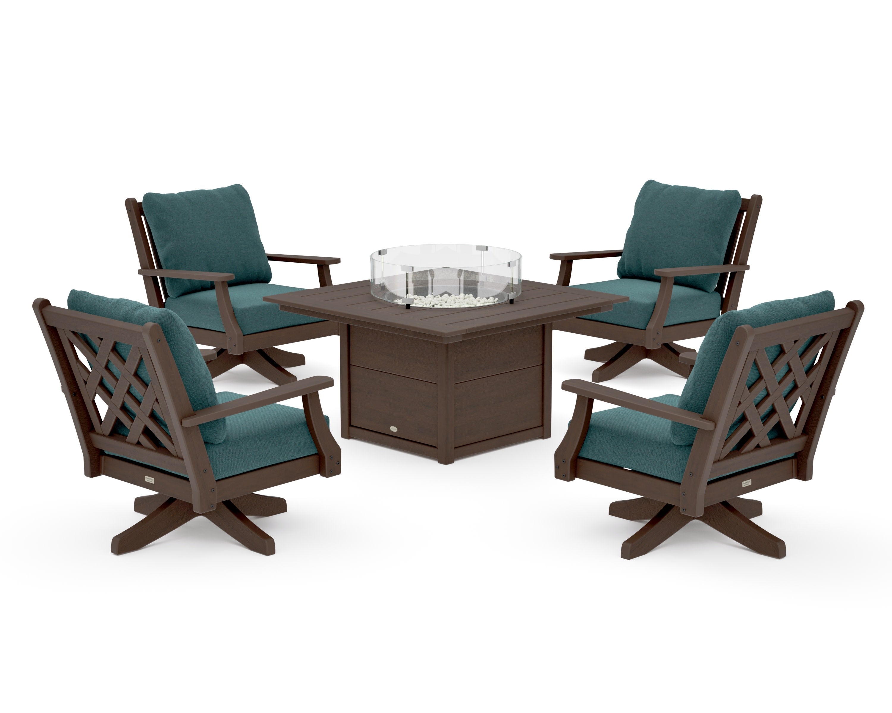 Wovendale 5-Piece Deep Seating Swivel Conversation Set with Fire Pit Table in Kona / Ocean Teal