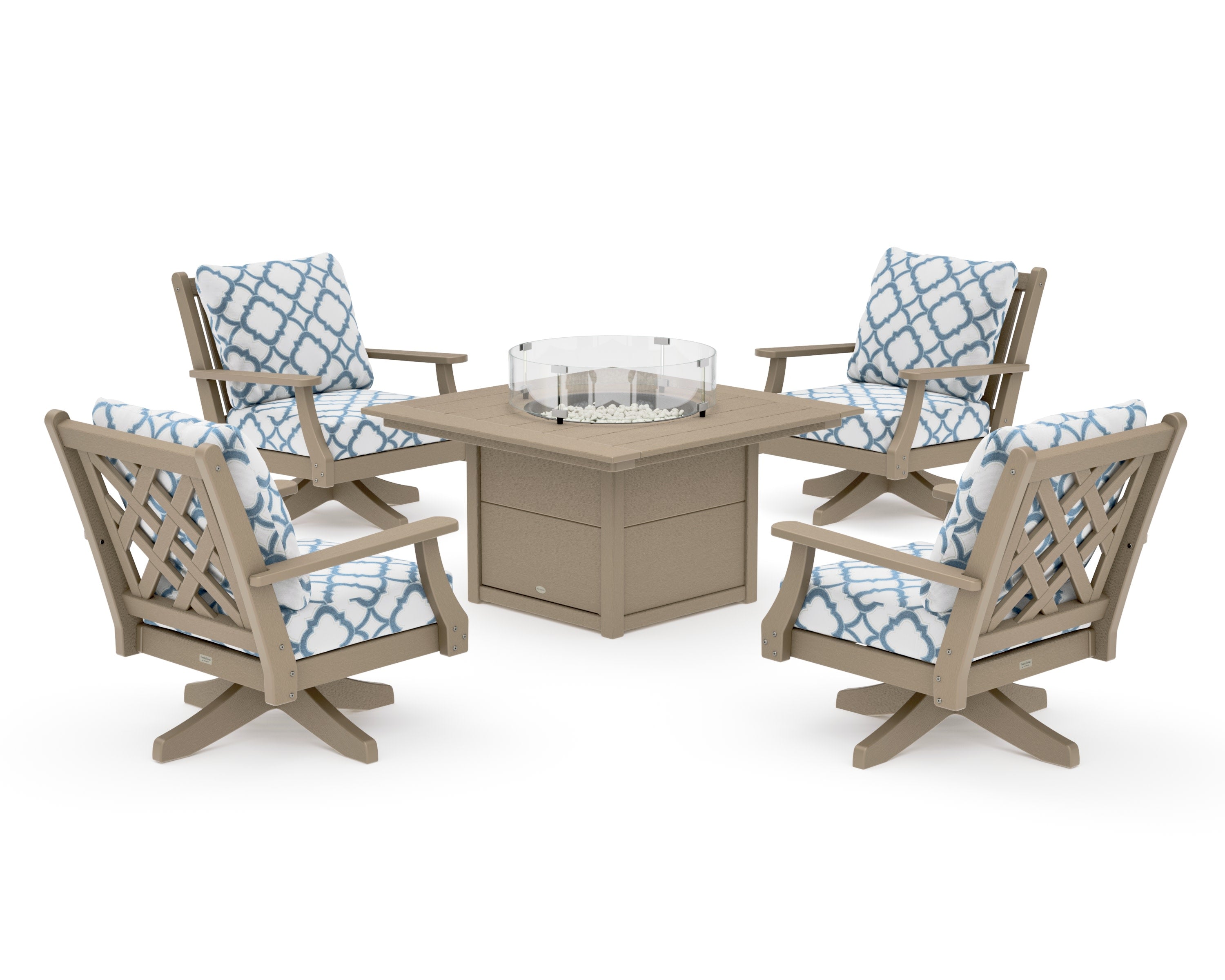 Wovendale 5-Piece Deep Seating Swivel Conversation Set with Fire Pit Table in Vintage Sahara / Trellis Sky Blue
