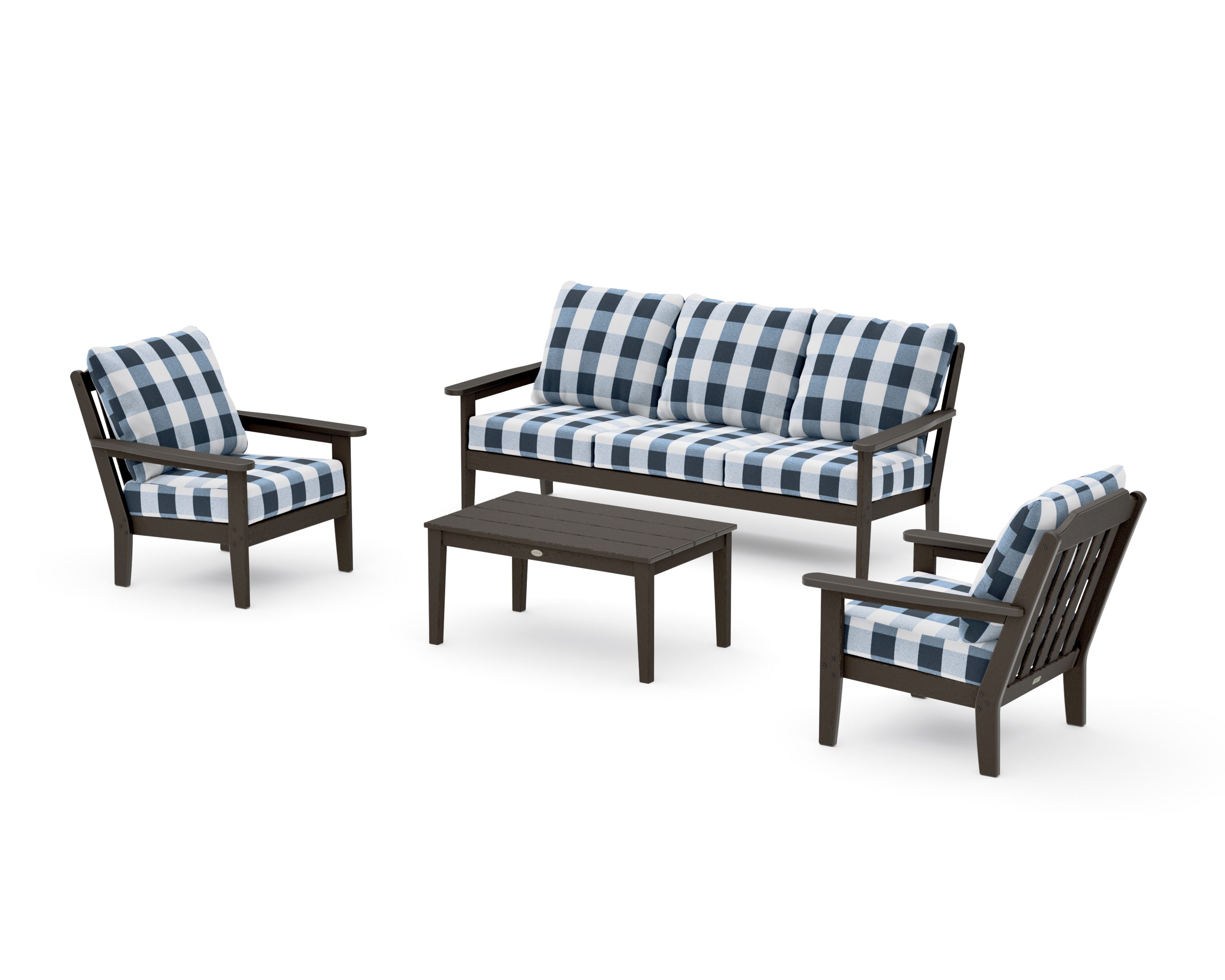 Cottage 4-Piece Deep Seating Set with Sofa in Vintage Coffee / Buffalo Plaid Marine Indigo