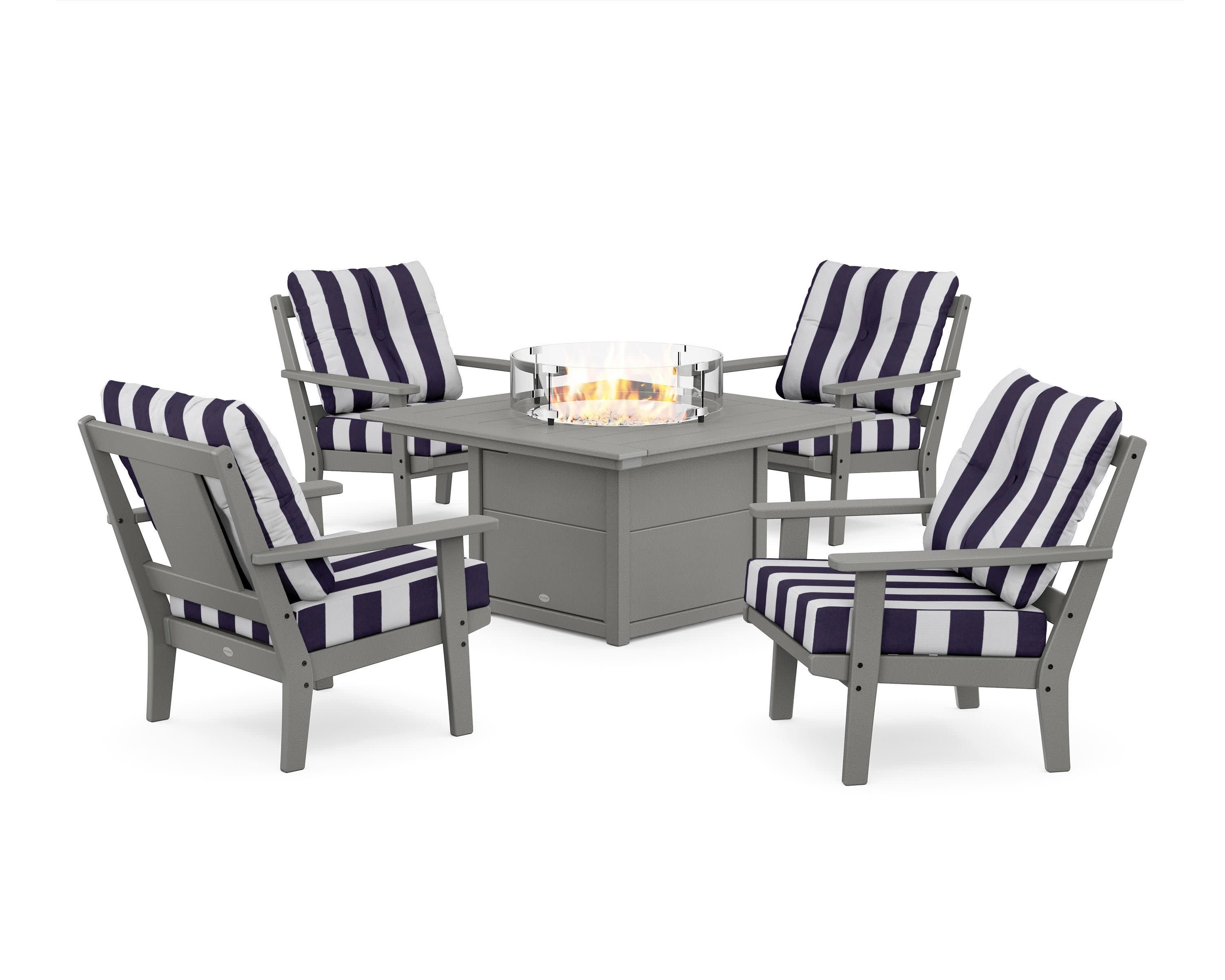 Prairie 5-Piece Deep Seating Set with Fire Pit Table in Slate Grey / Cabana Stripe Navy