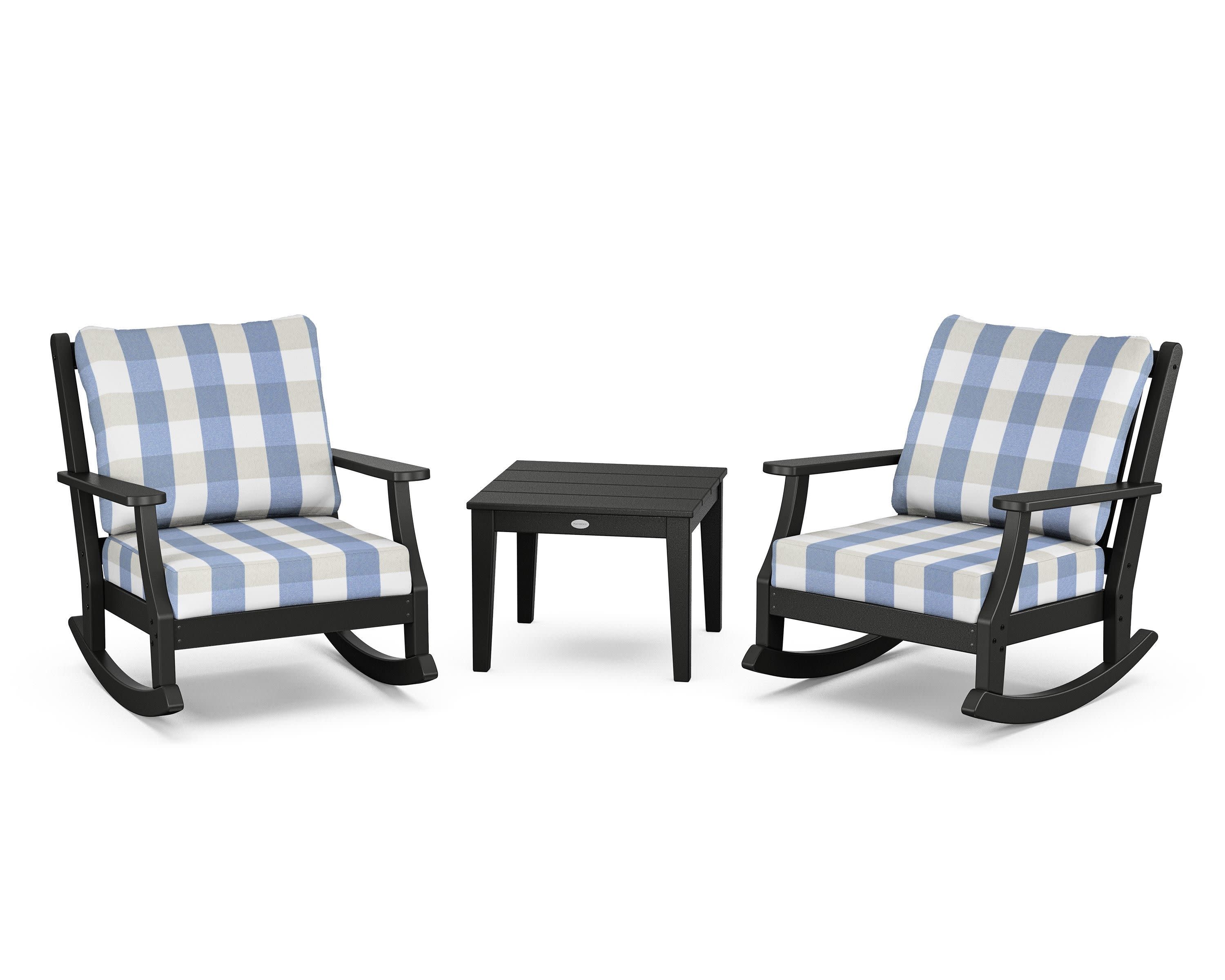 Wovendale 3-Piece Deep Seating Rocker Set in Black / Buffalo Plaid Sky Blue