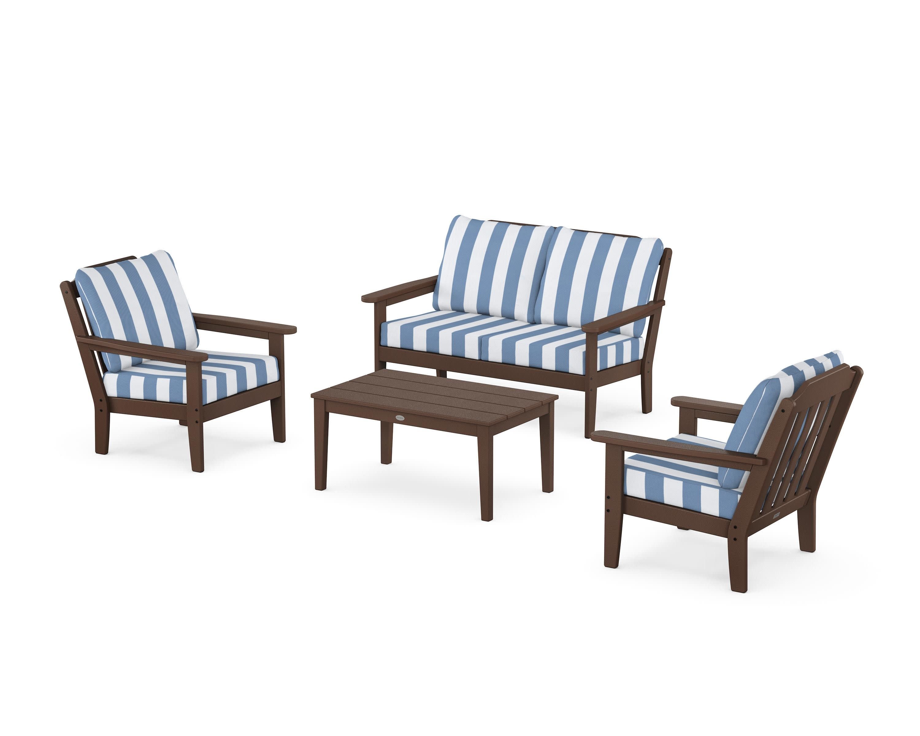 Cottage 4-Piece Deep Seating Set with Loveseat in Mahogany / Cabana Stripe Sky Blue
