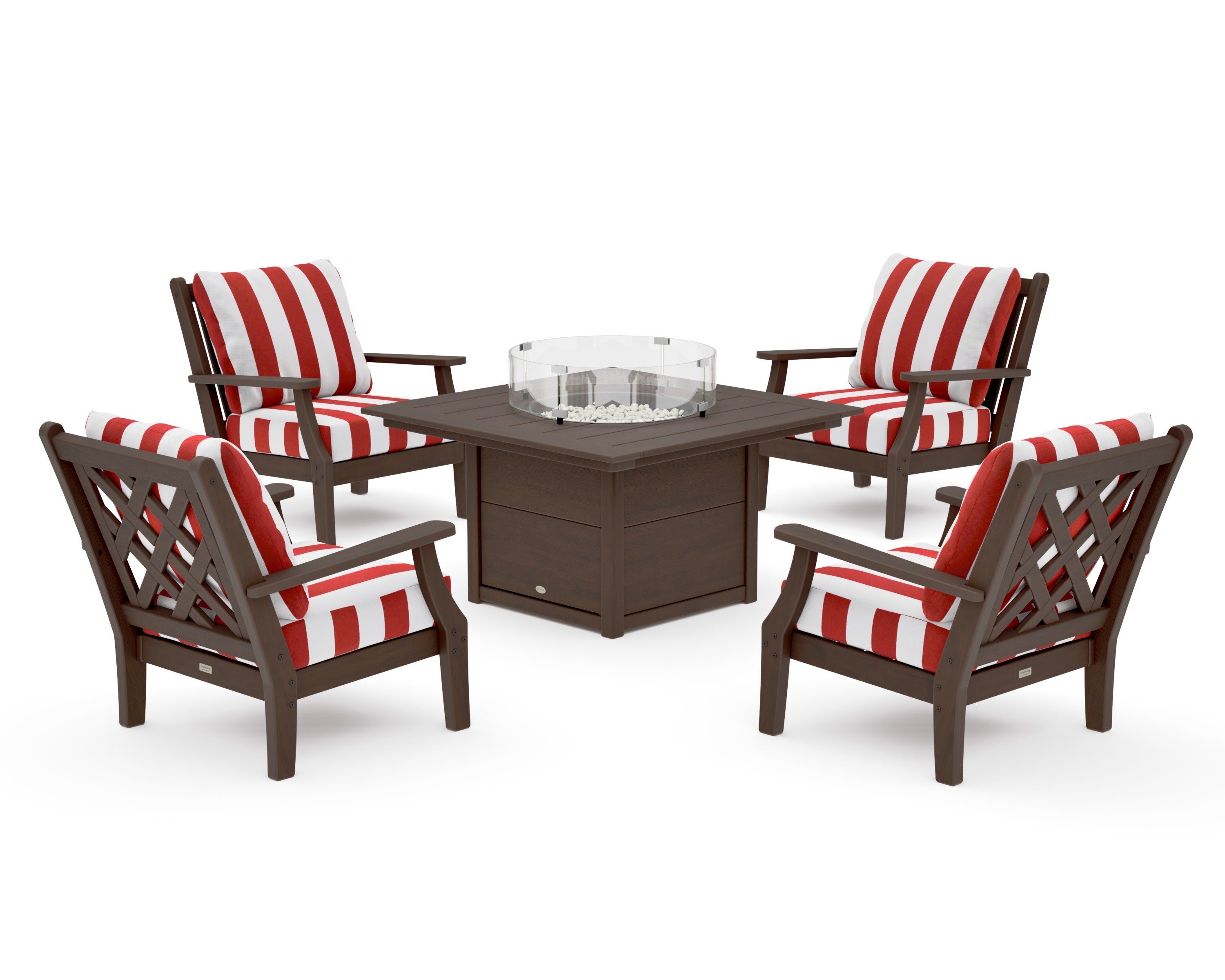 Wovendale 5-Piece Deep Seating Set with Fire Pit Table in Kona / Cabana Stripe Crimson