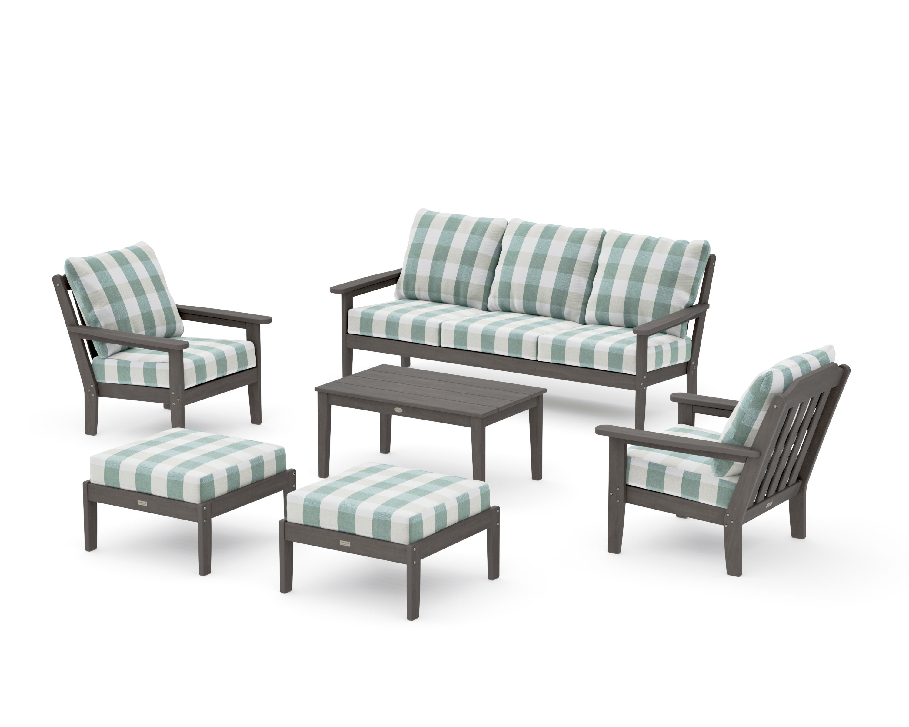 Cottage 6-Piece Lounge Sofa Set in Driftwood / Buffalo Plaid Glacier Spa