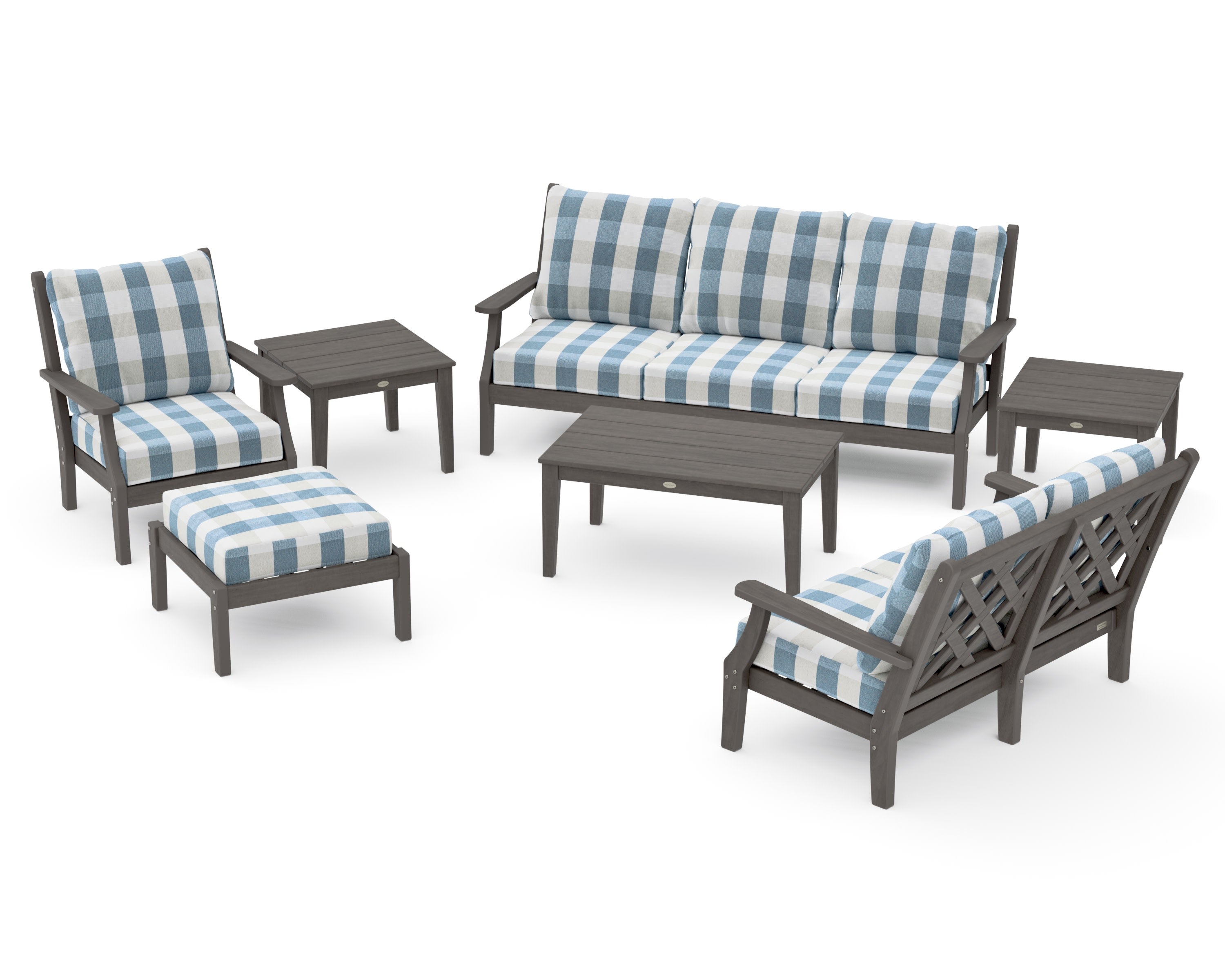 Wovendale 7-Piece Deep Seating Set in Driftwood / Buffalo Plaid Sky Blue