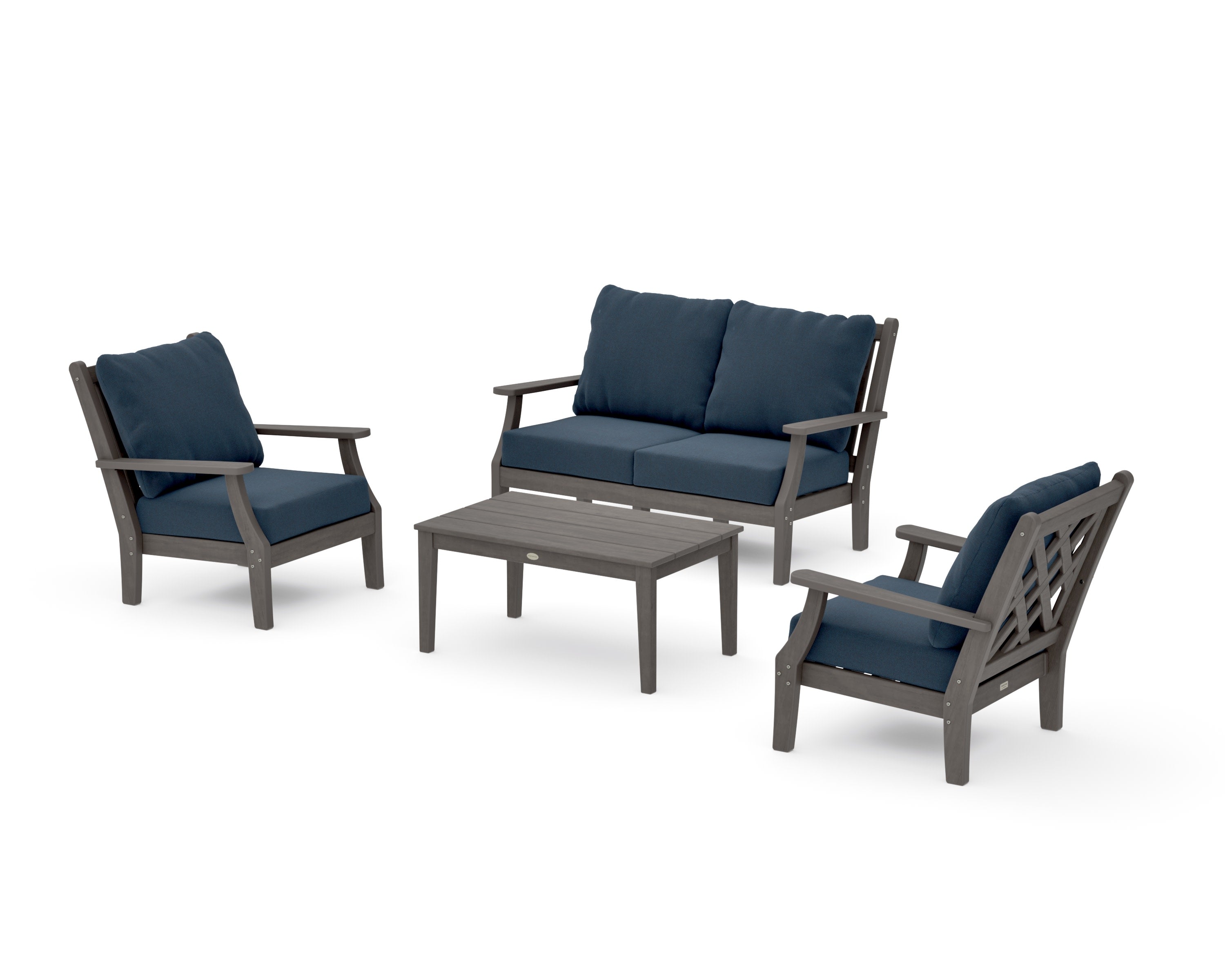 Wovendale 4-Piece Deep Seating Set with Loveseat in Driftwood / Marine Indigo