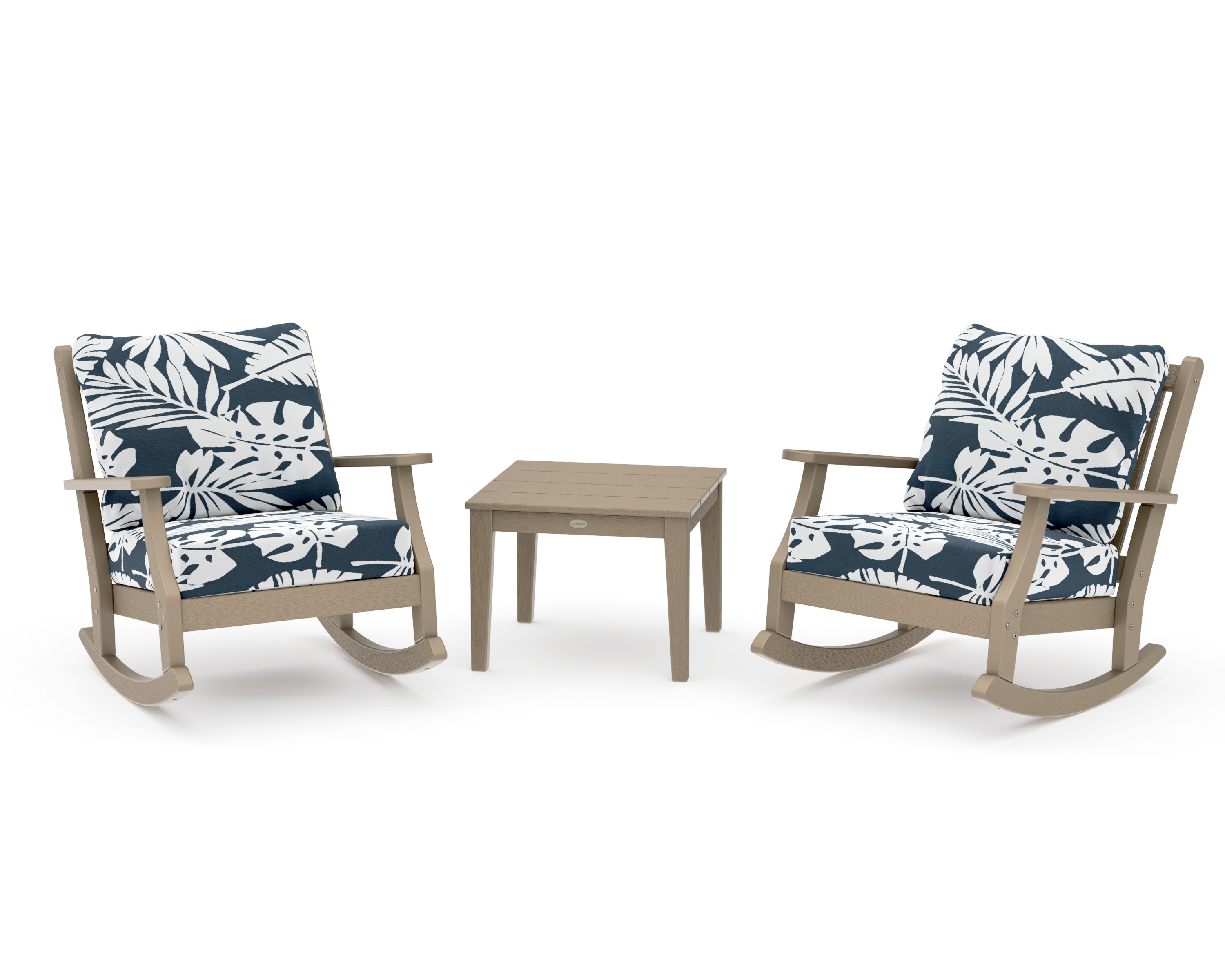 Wovendale 3-Piece Deep Seating Rocker Set in Vintage Sahara / Leaf Marine Indigo
