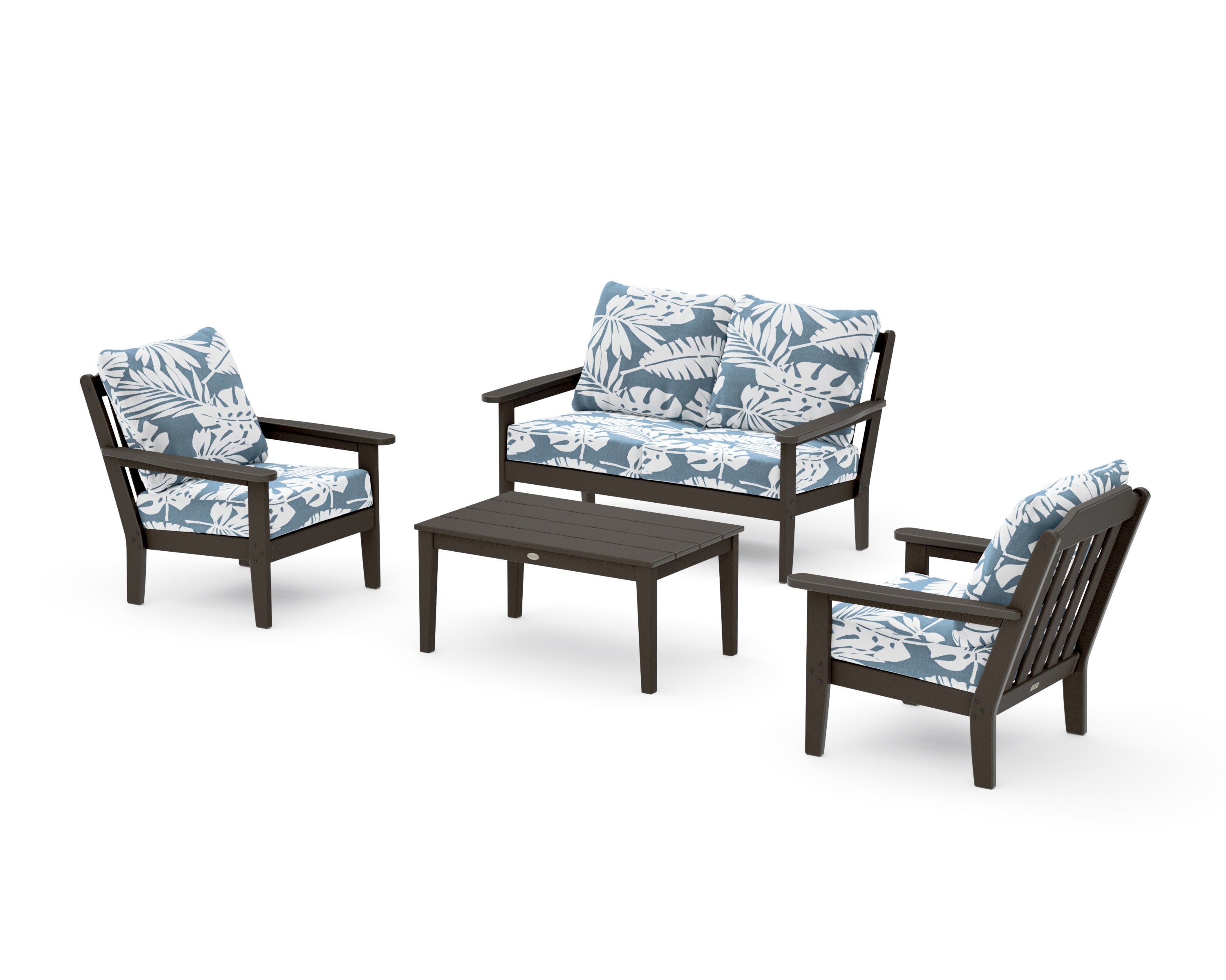 Cottage 4-Piece Deep Seating Set with Loveseat in Vintage Coffee / Leaf Sky Blue