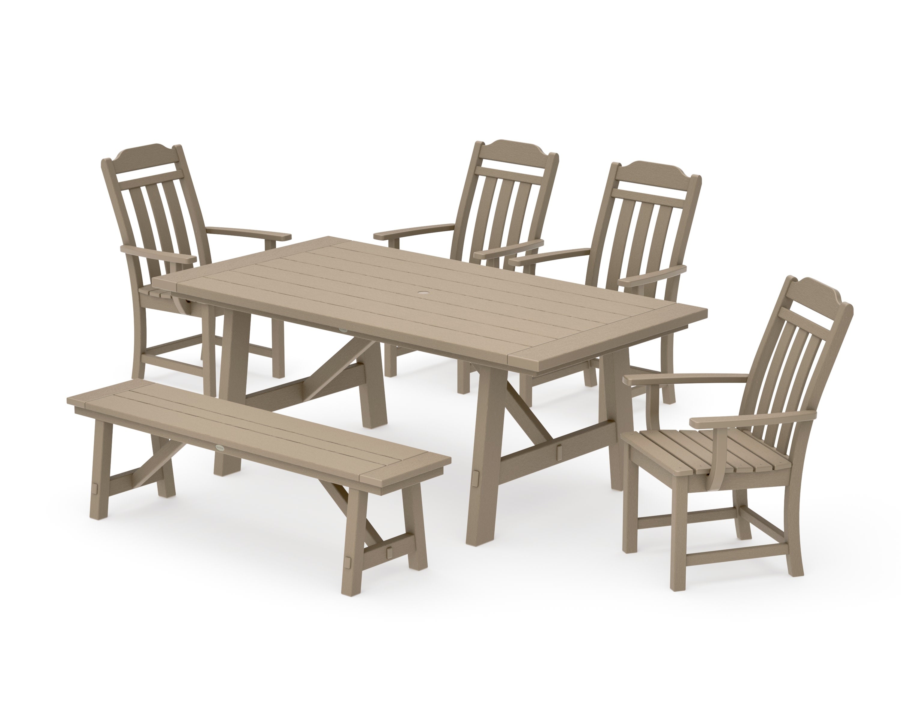 Cottage 6-Piece Rustic Farmhouse Dining Set with Bench in Vintage Sahara