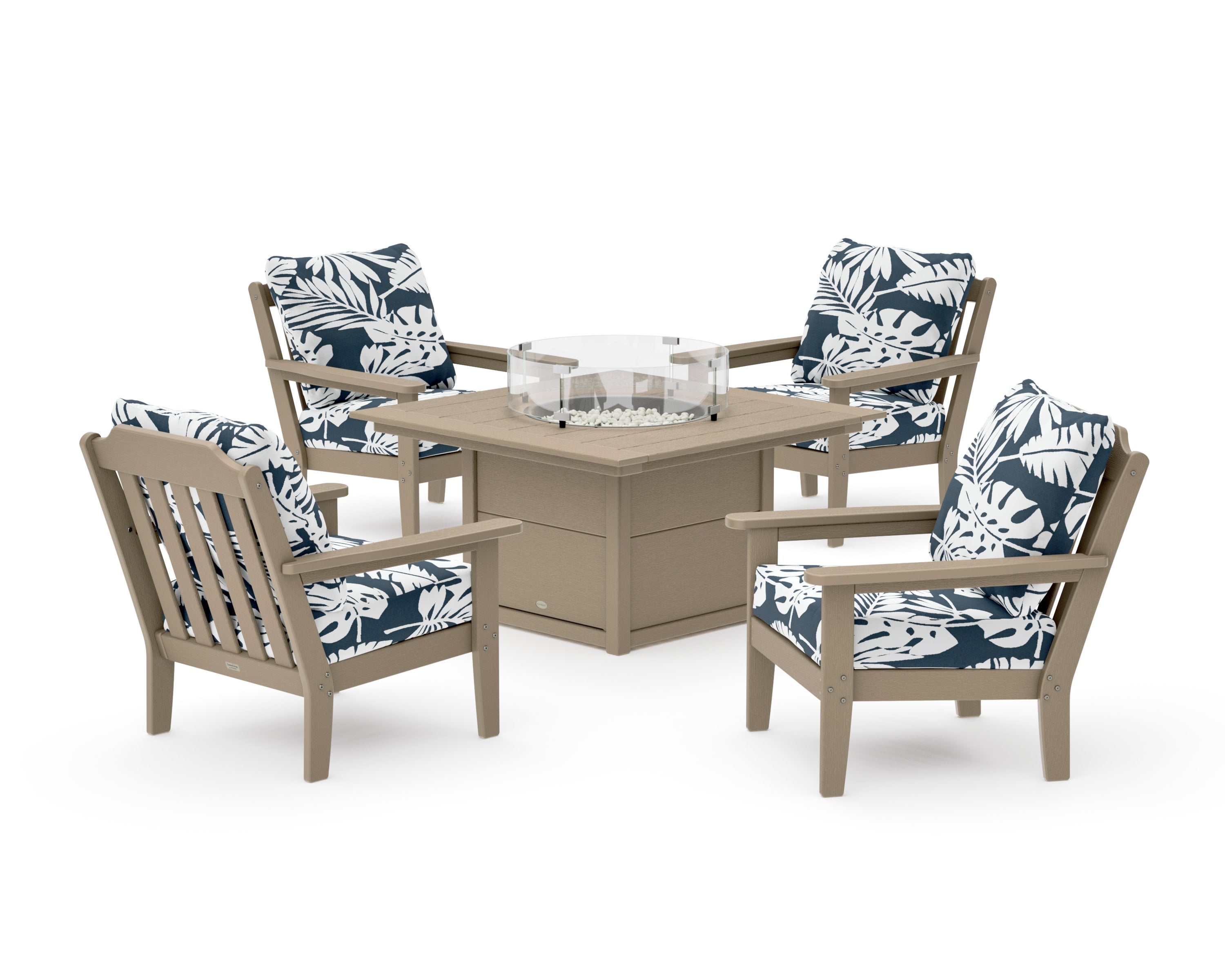 Cottage 5-Piece Deep Seating Set with Fire Pit Table in Vintage Sahara / Leaf Marine Indigo