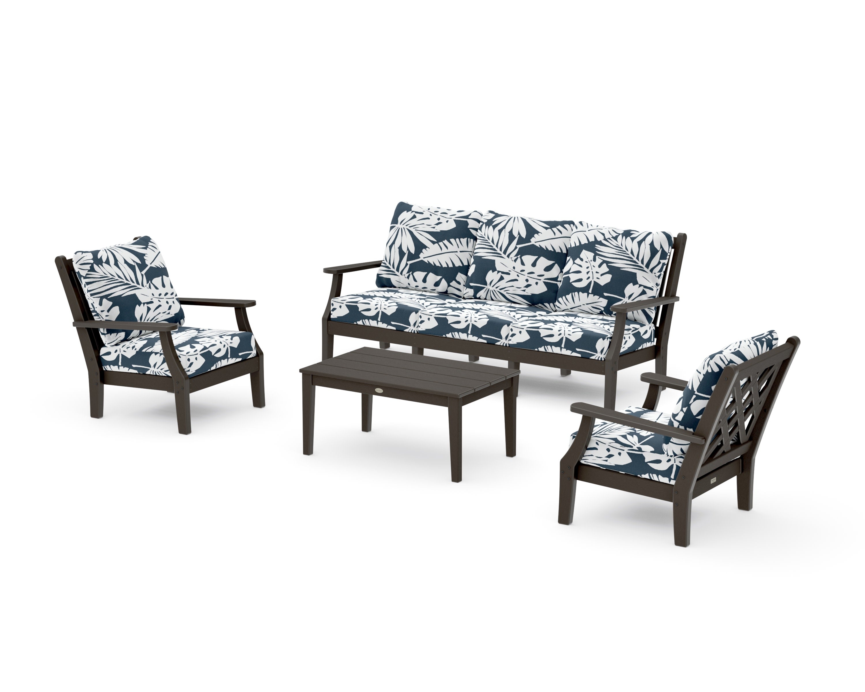 Wovendale 4-Piece Deep Seating Set with Sofa in Vintage Coffee / Leaf Marine Indigo