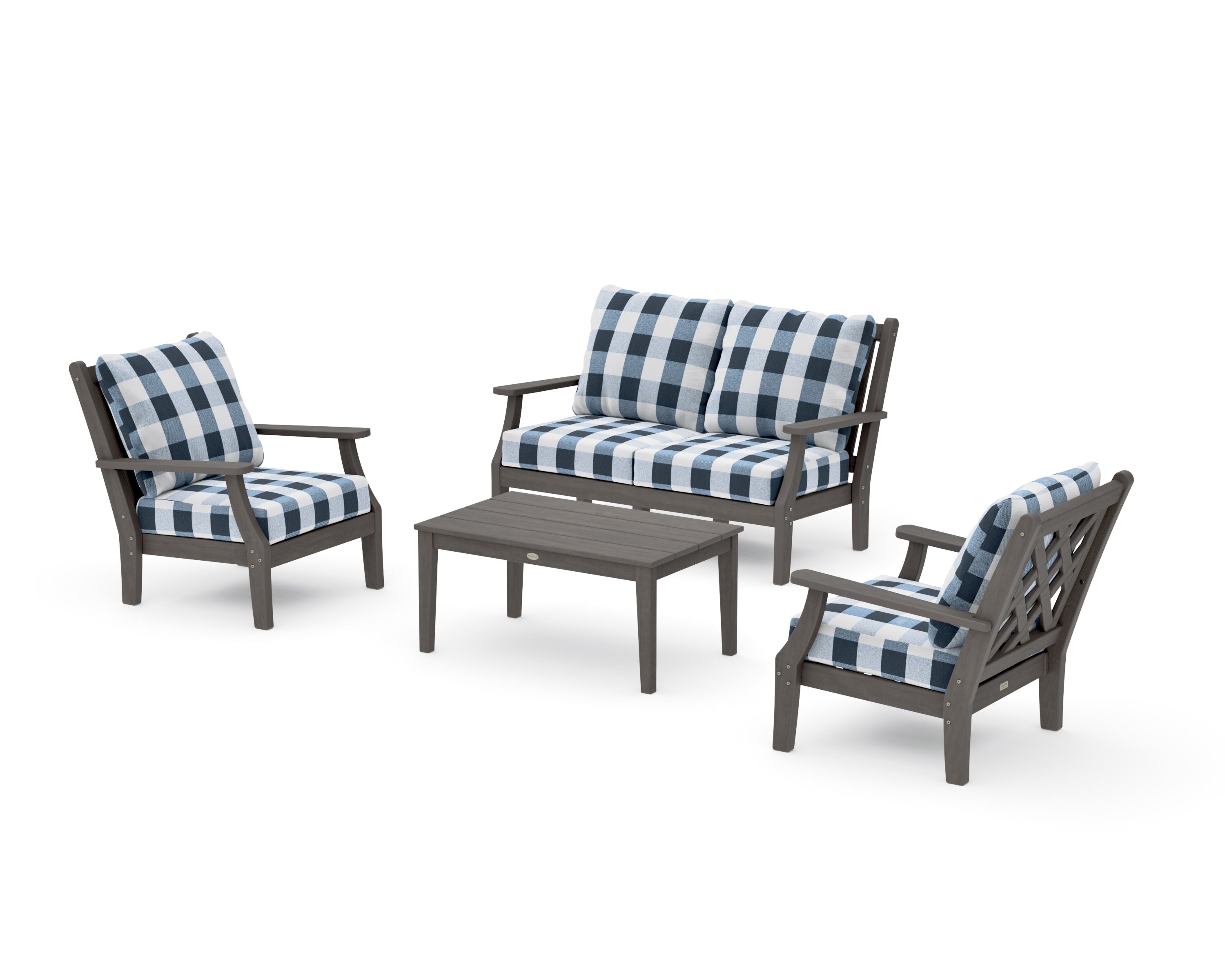 Wovendale 4-Piece Deep Seating Set with Loveseat in Driftwood / Buffalo Plaid Marine Indigo