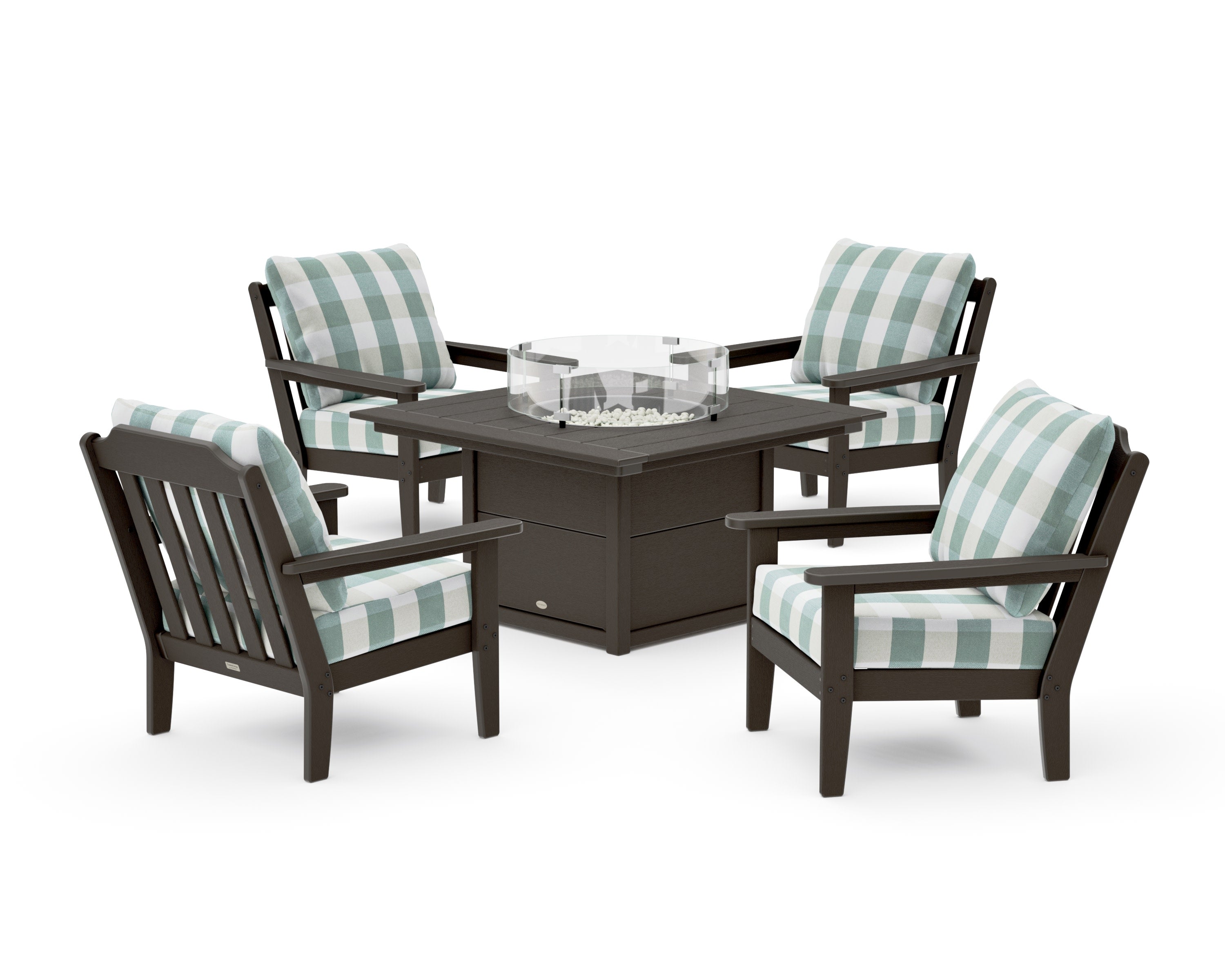 Cottage 5-Piece Deep Seating Set with Fire Pit Table in Vintage Coffee / Buffalo Plaid Glacier Spa