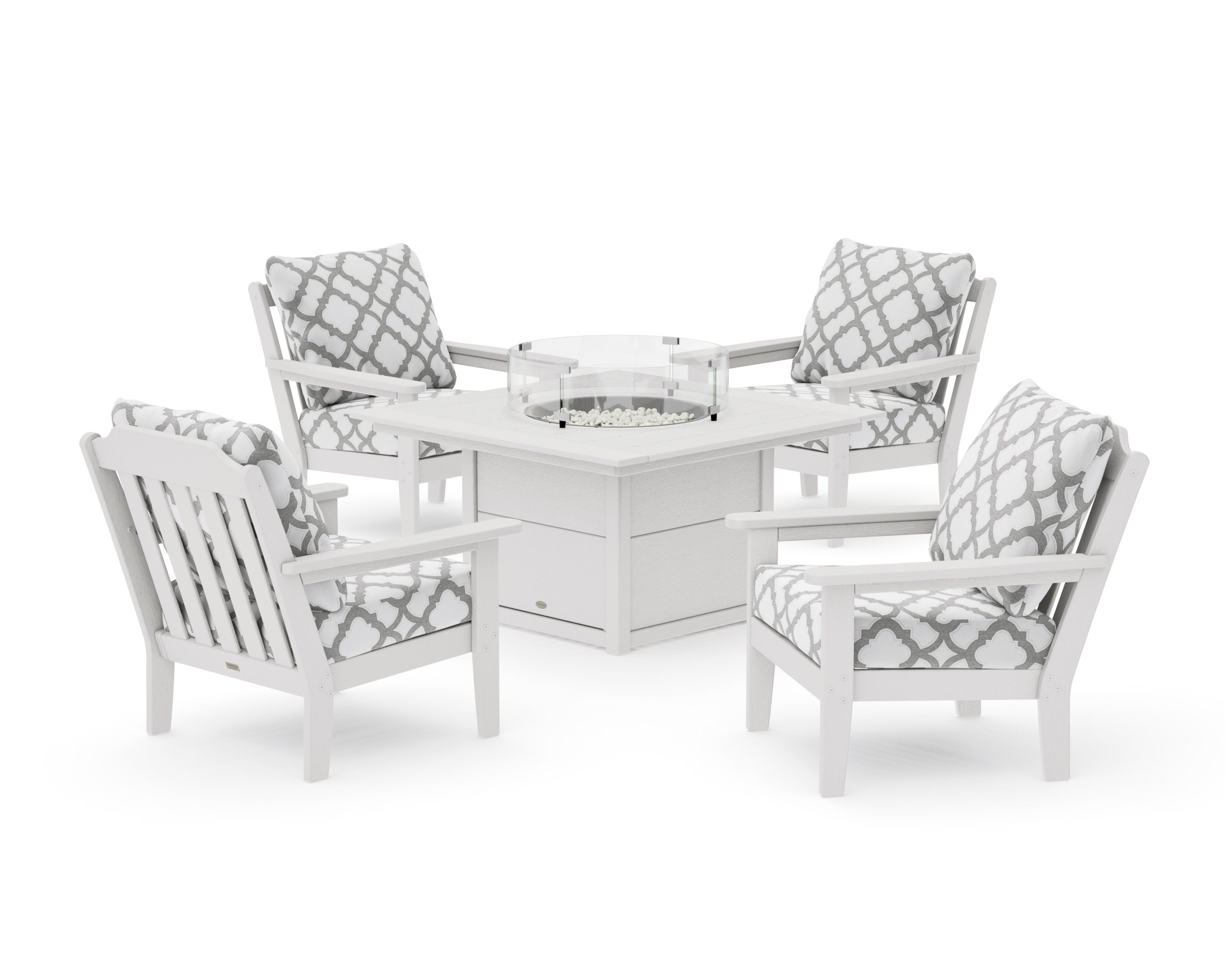 Cottage 5-Piece Deep Seating Set with Fire Pit Table in Vintage White / Trellis Grey Mist