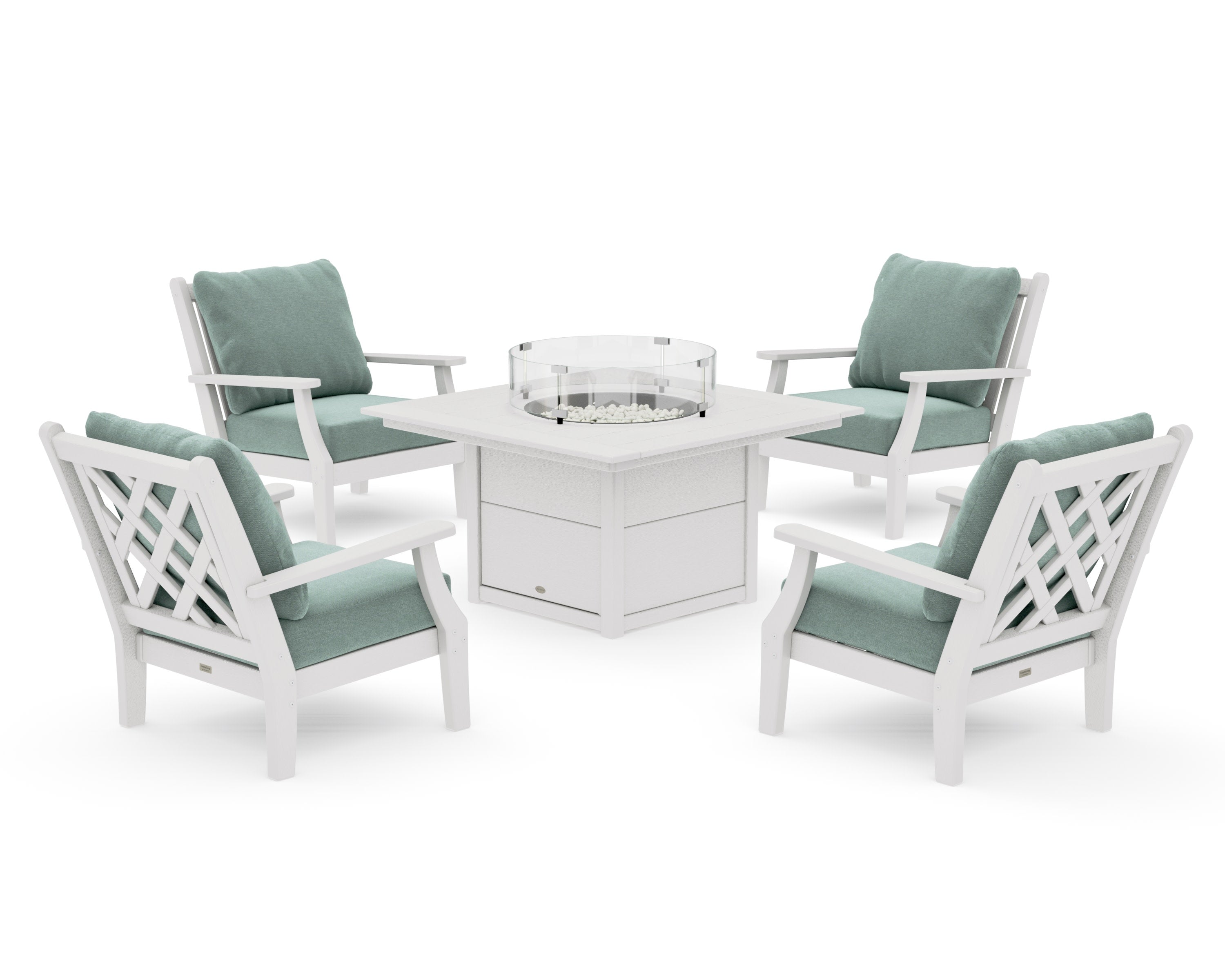Wovendale 5-Piece Deep Seating Set with Fire Pit Table in Vintage White / Glacier Spa