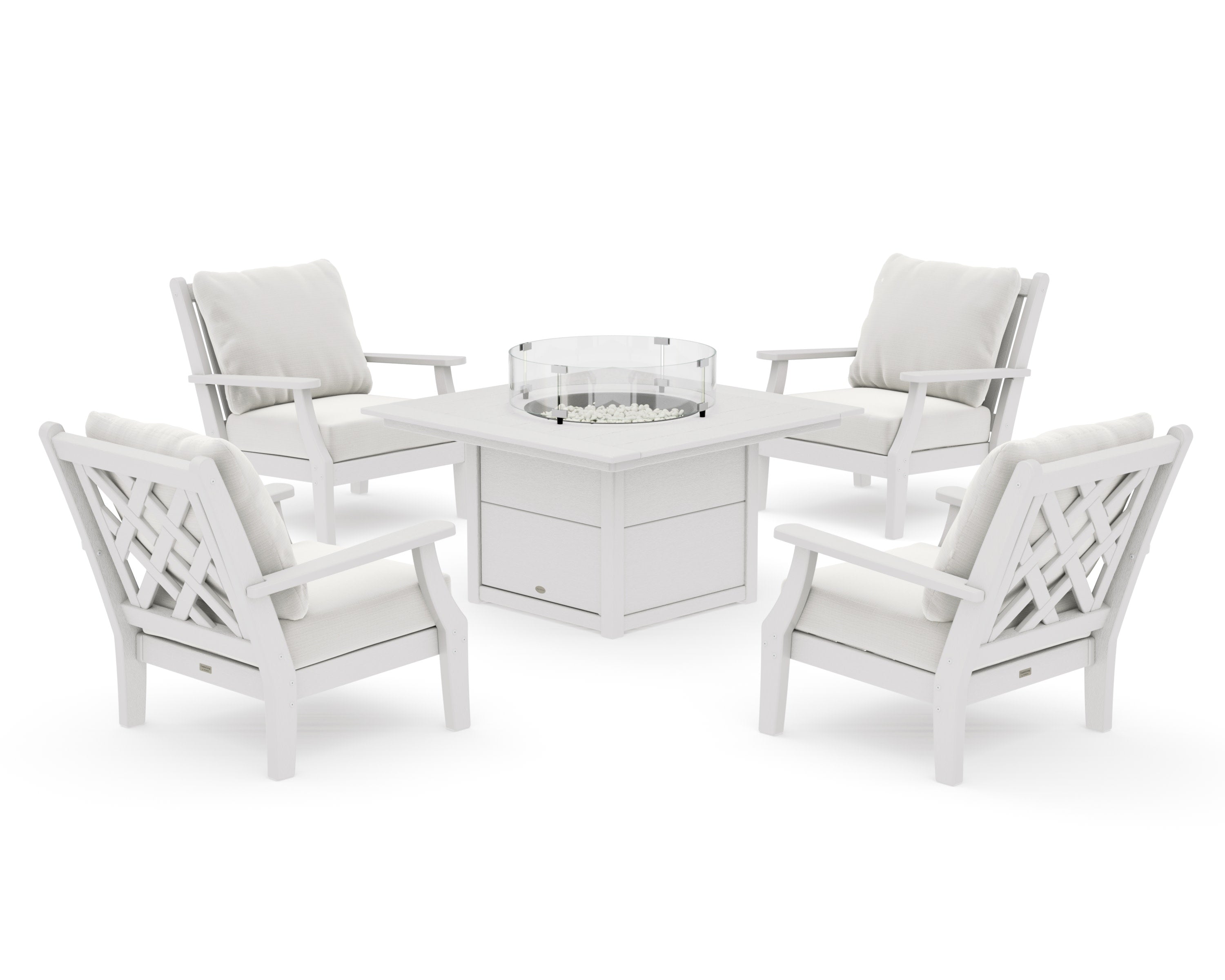 Wovendale 5-Piece Deep Seating Set with Fire Pit Table in Vintage White / Natural Linen
