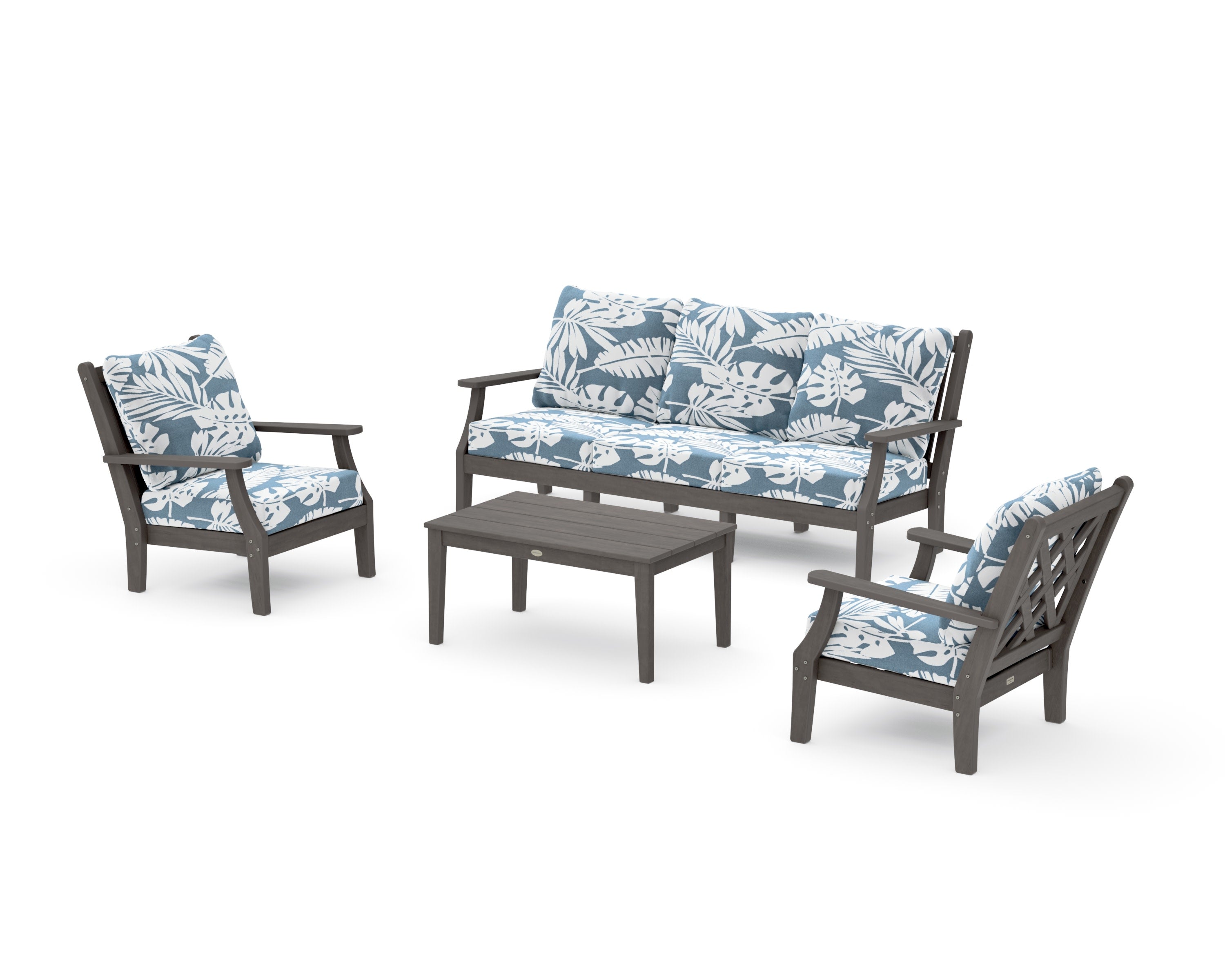 Wovendale 4-Piece Deep Seating Set with Sofa in Driftwood / Leaf Sky Blue