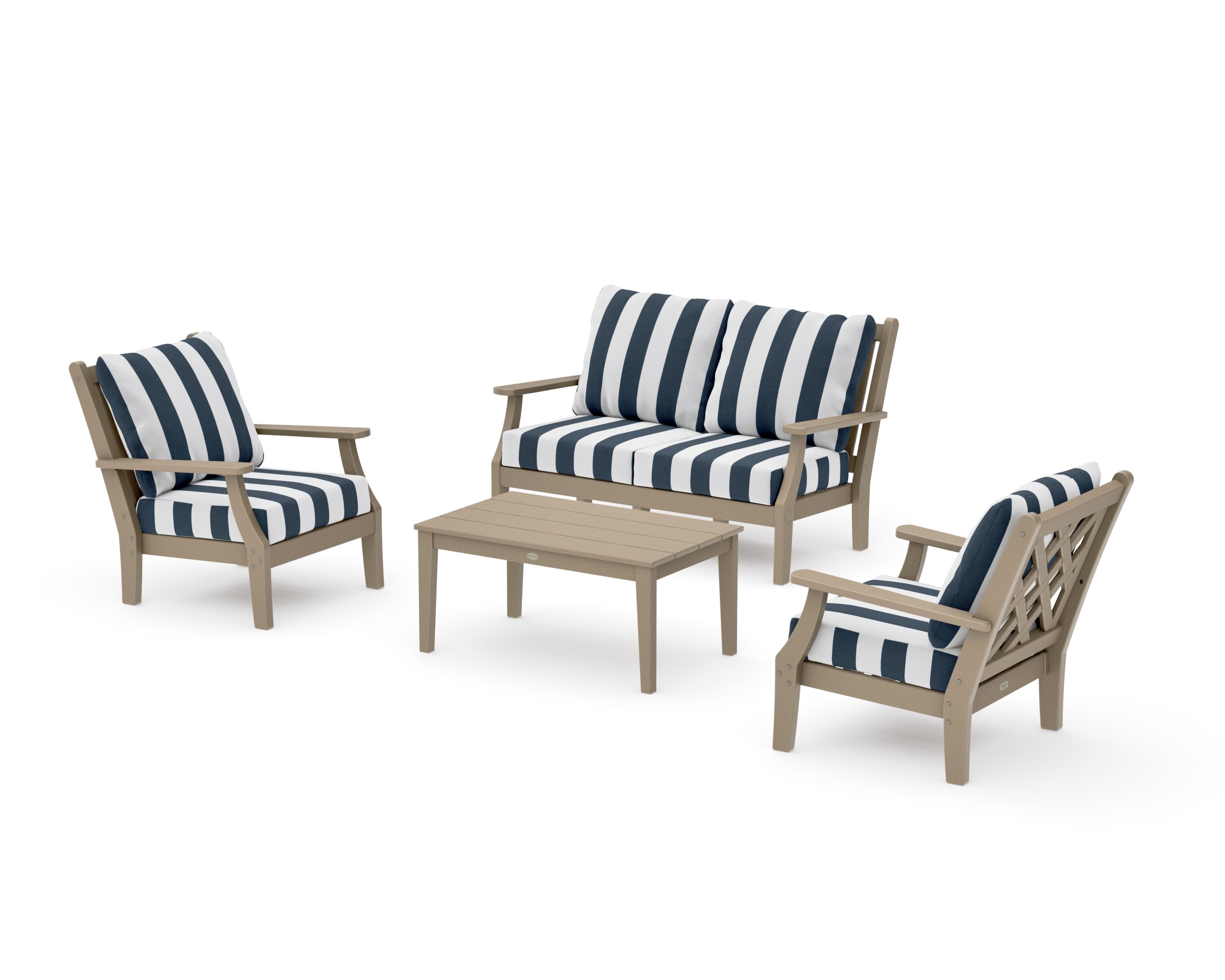 Wovendale 4-Piece Deep Seating Set with Loveseat in Vintage Sahara / Cabana Stripe Marine Indigo