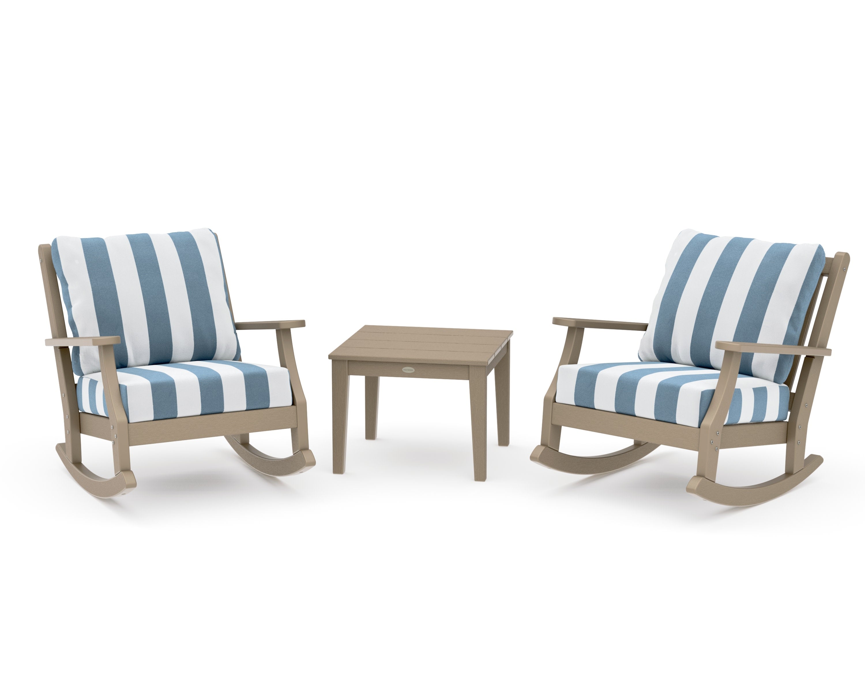 Wovendale 3-Piece Deep Seating Rocker Set in Vintage Sahara / Cabana Stripe Sky Blue