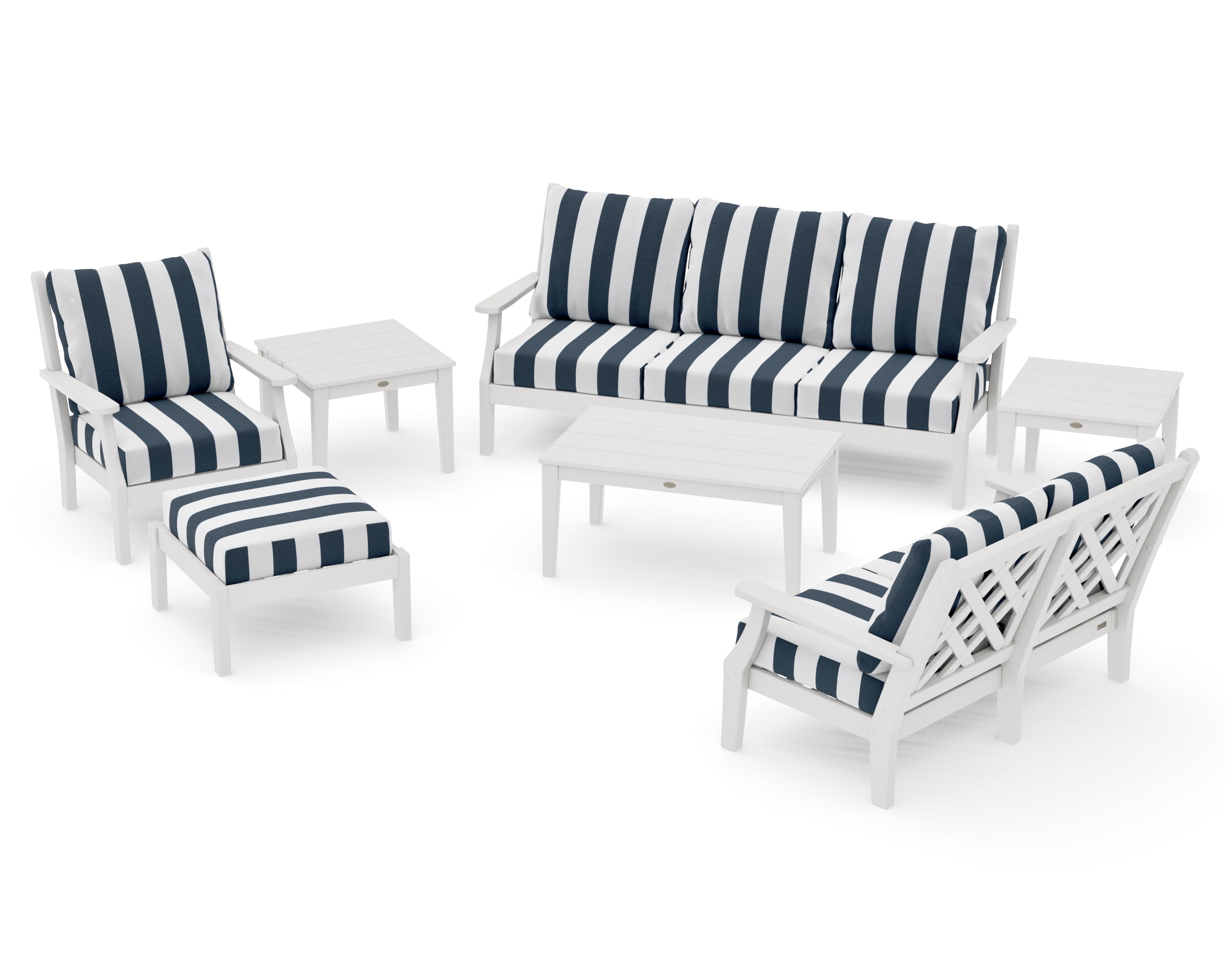 Wovendale 7-Piece Deep Seating Set in Vintage White / Cabana Stripe Marine Indigo