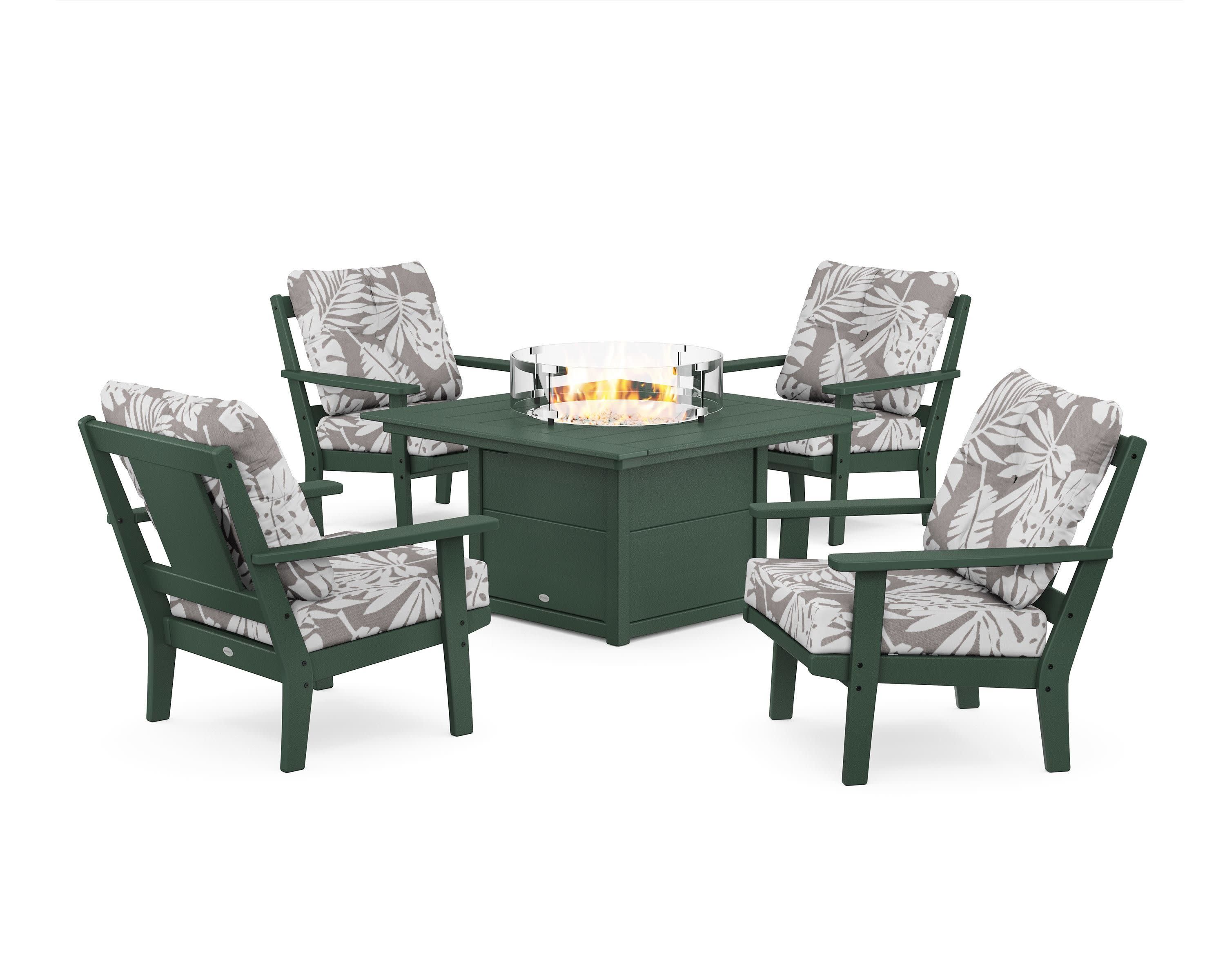 Prairie 5-Piece Deep Seating Set with Fire Pit Table in Green / Leaf Grey Mist
