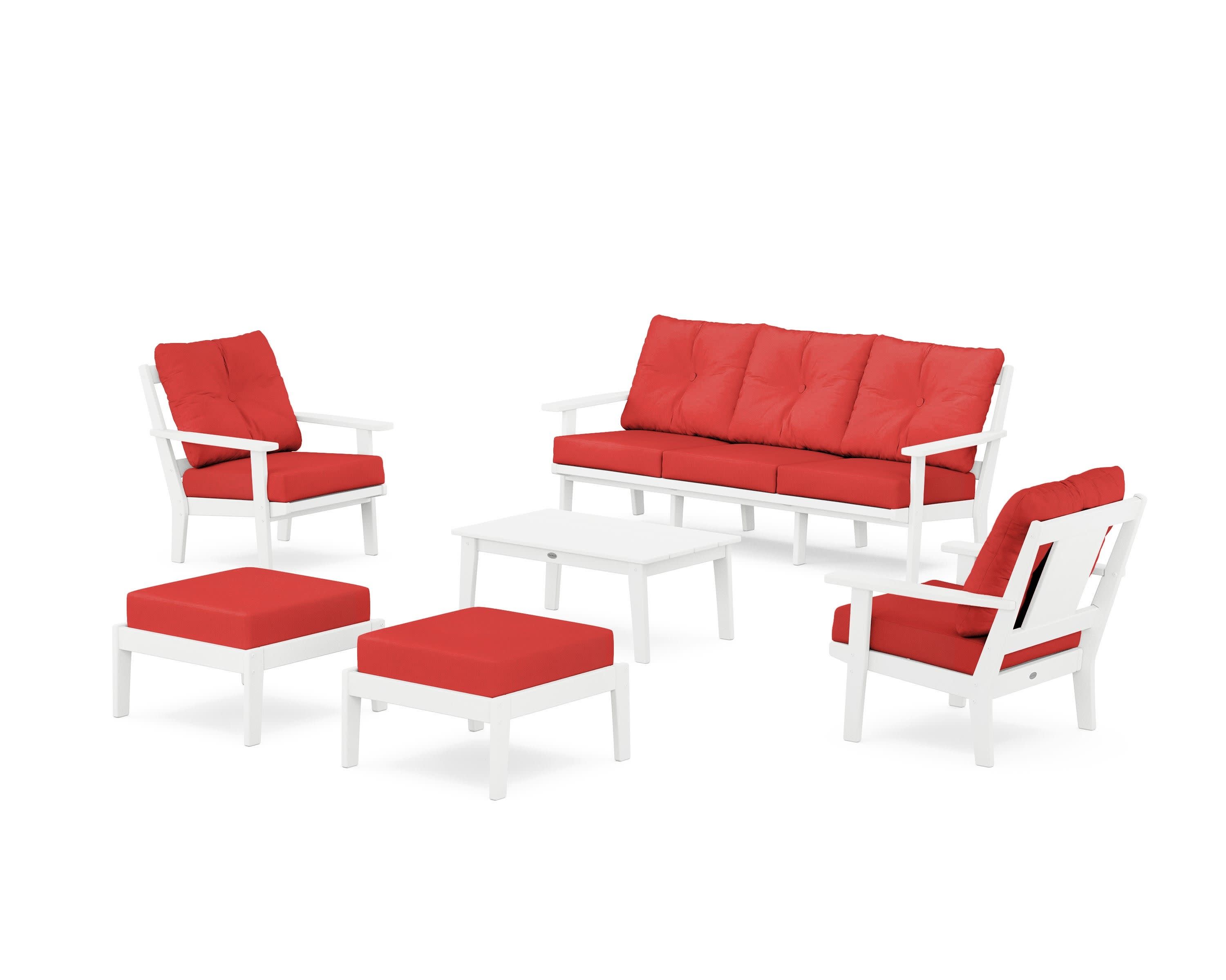 Prairie 6-Piece Lounge Sofa Set in White / Crimson Linen