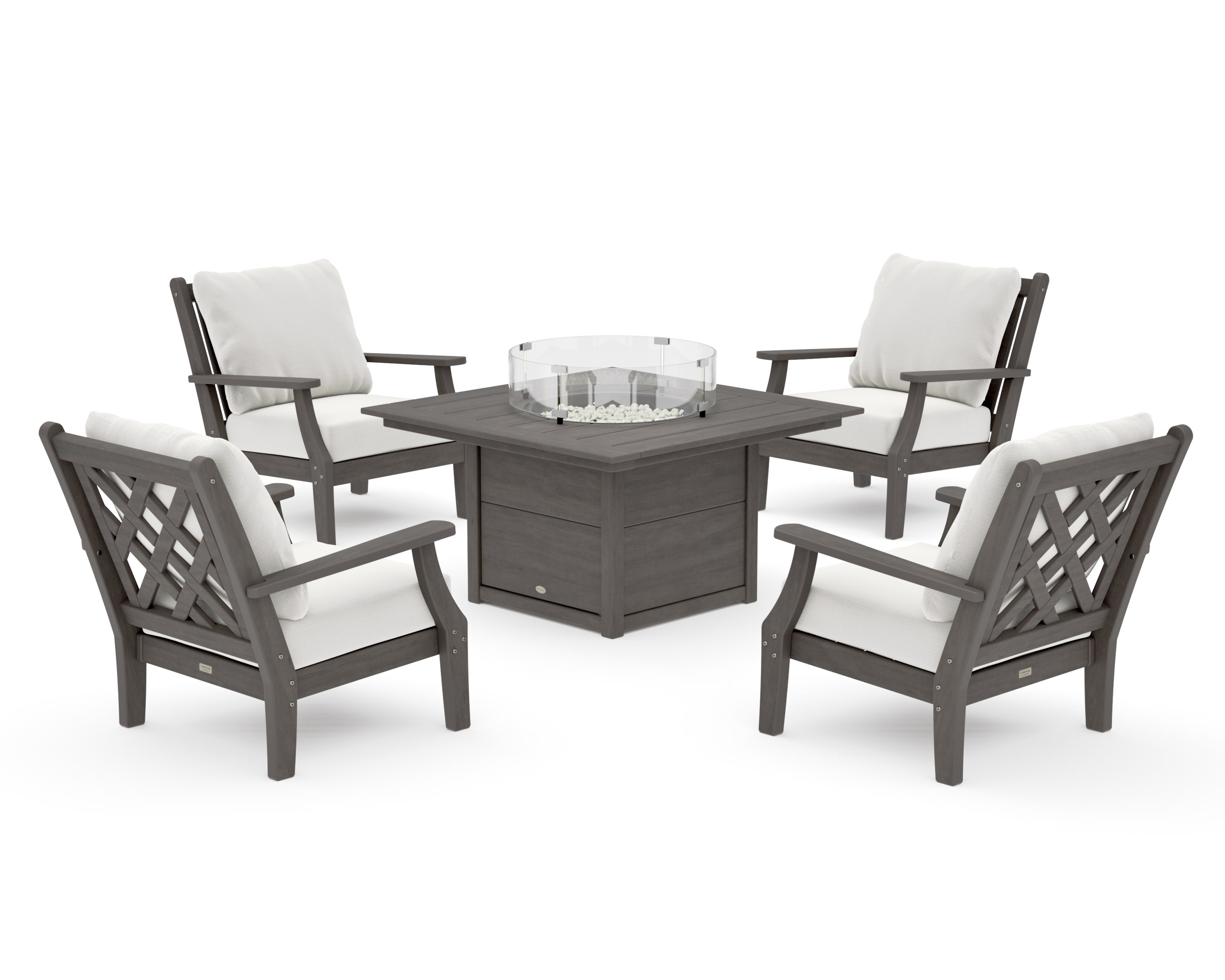 Wovendale 5-Piece Deep Seating Set with Fire Pit Table in Driftwood / Natural Linen