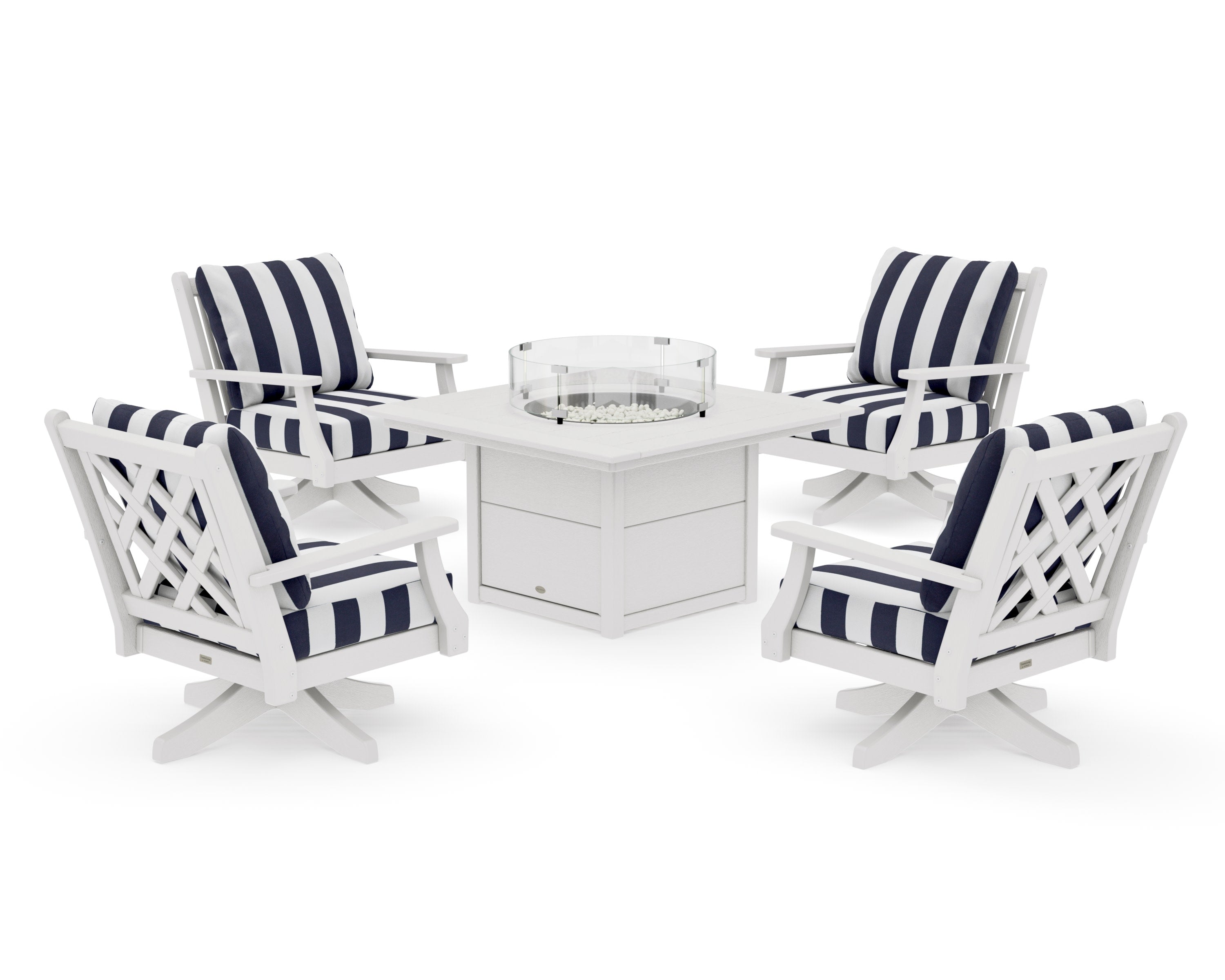 Wovendale 5-Piece Deep Seating Swivel Conversation Set with Fire Pit Table in Vintage White / Cabana Stripe Navy