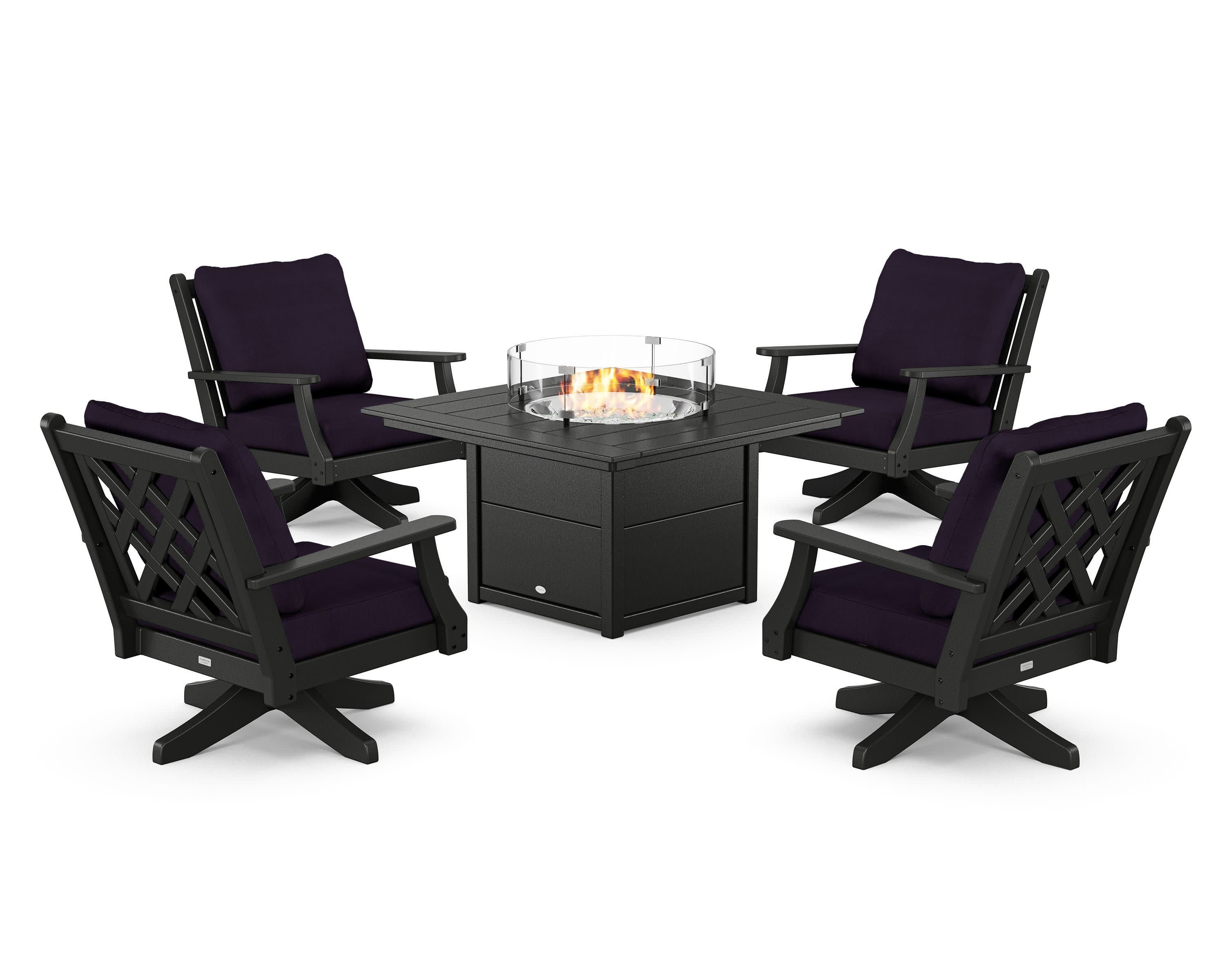 Wovendale 5-Piece Deep Seating Swivel Conversation Set with Fire Pit Table in Black / Navy Linen