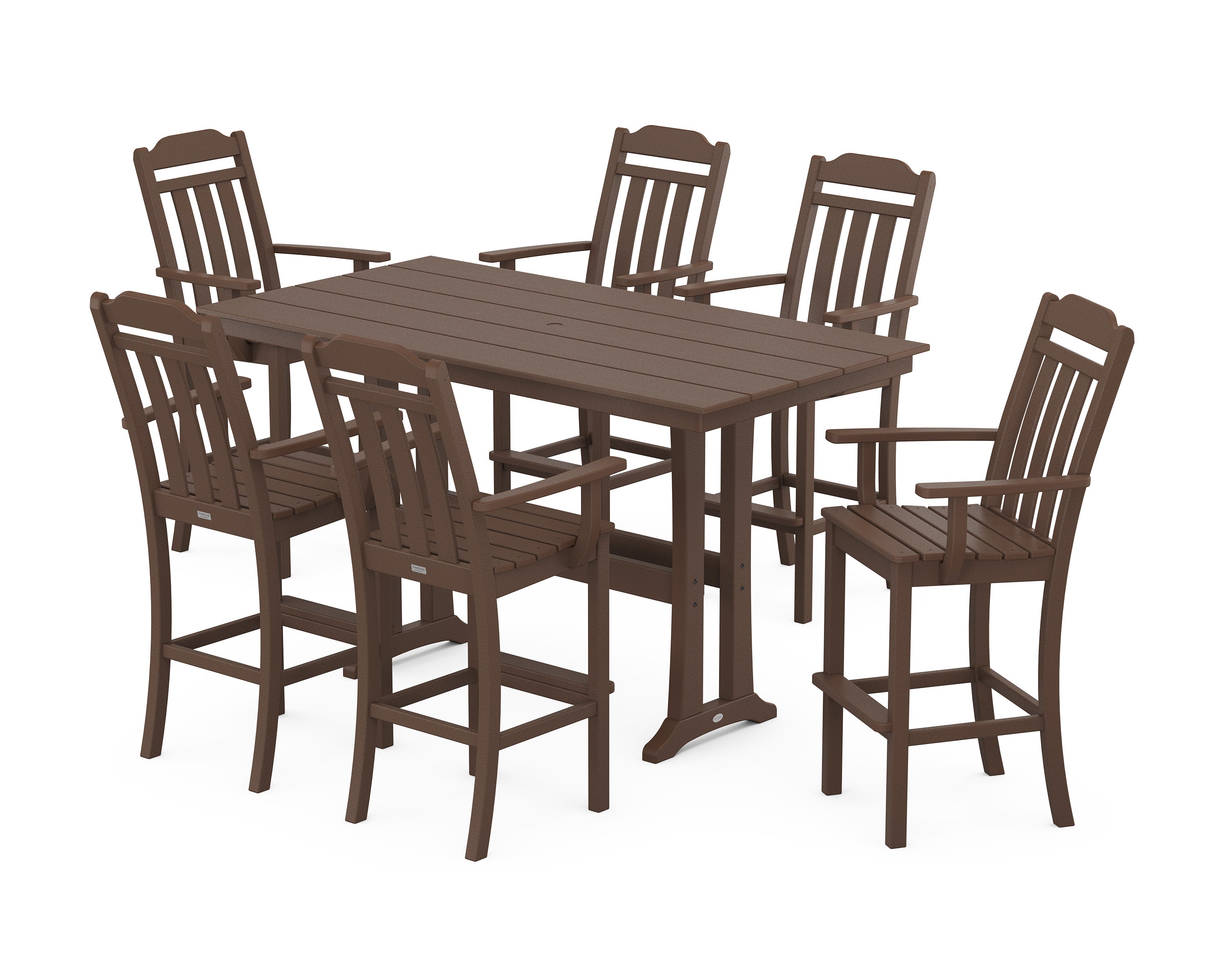 Cottage Arm Chair 7-Piece Farmhouse Bar Set with Trestle Legs in Mahogany