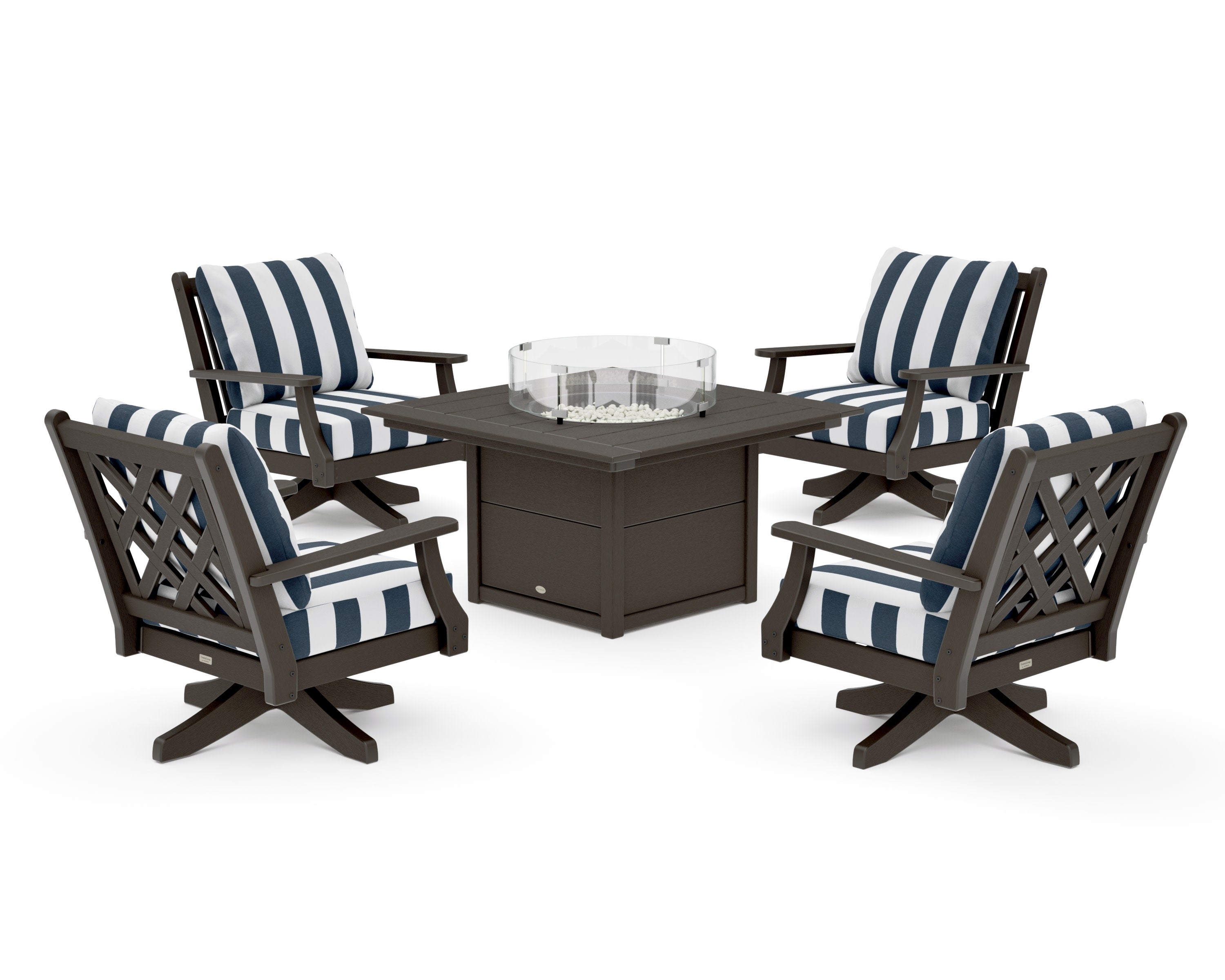 Wovendale 5-Piece Deep Seating Swivel Conversation Set with Fire Pit Table in Vintage Coffee / Cabana Stripe Marine Indigo