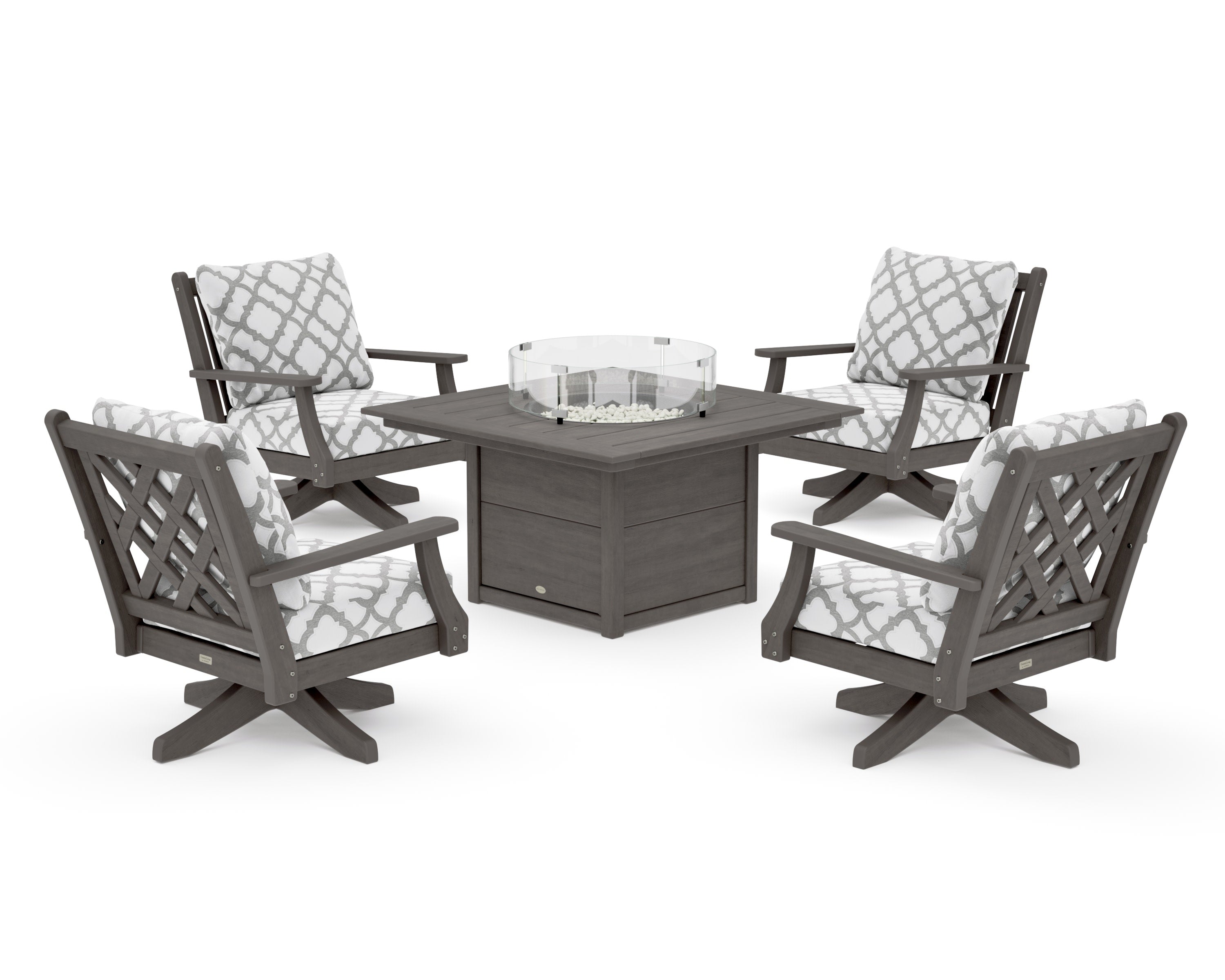 Wovendale 5-Piece Deep Seating Swivel Conversation Set with Fire Pit Table in Driftwood / Trellis Grey Mist