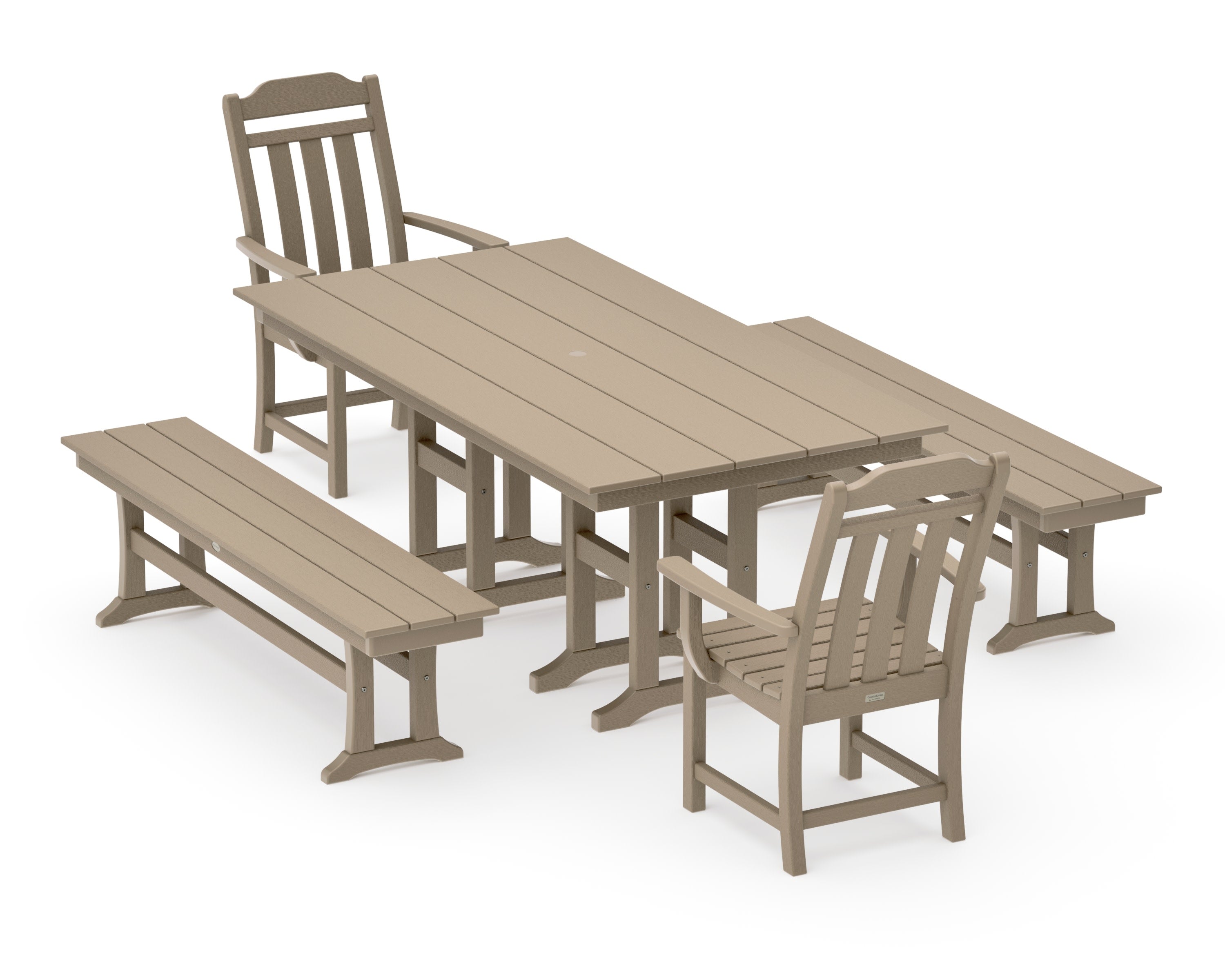 Cottage 5-Piece Farmhouse Dining Set with Benches in Vintage Sahara