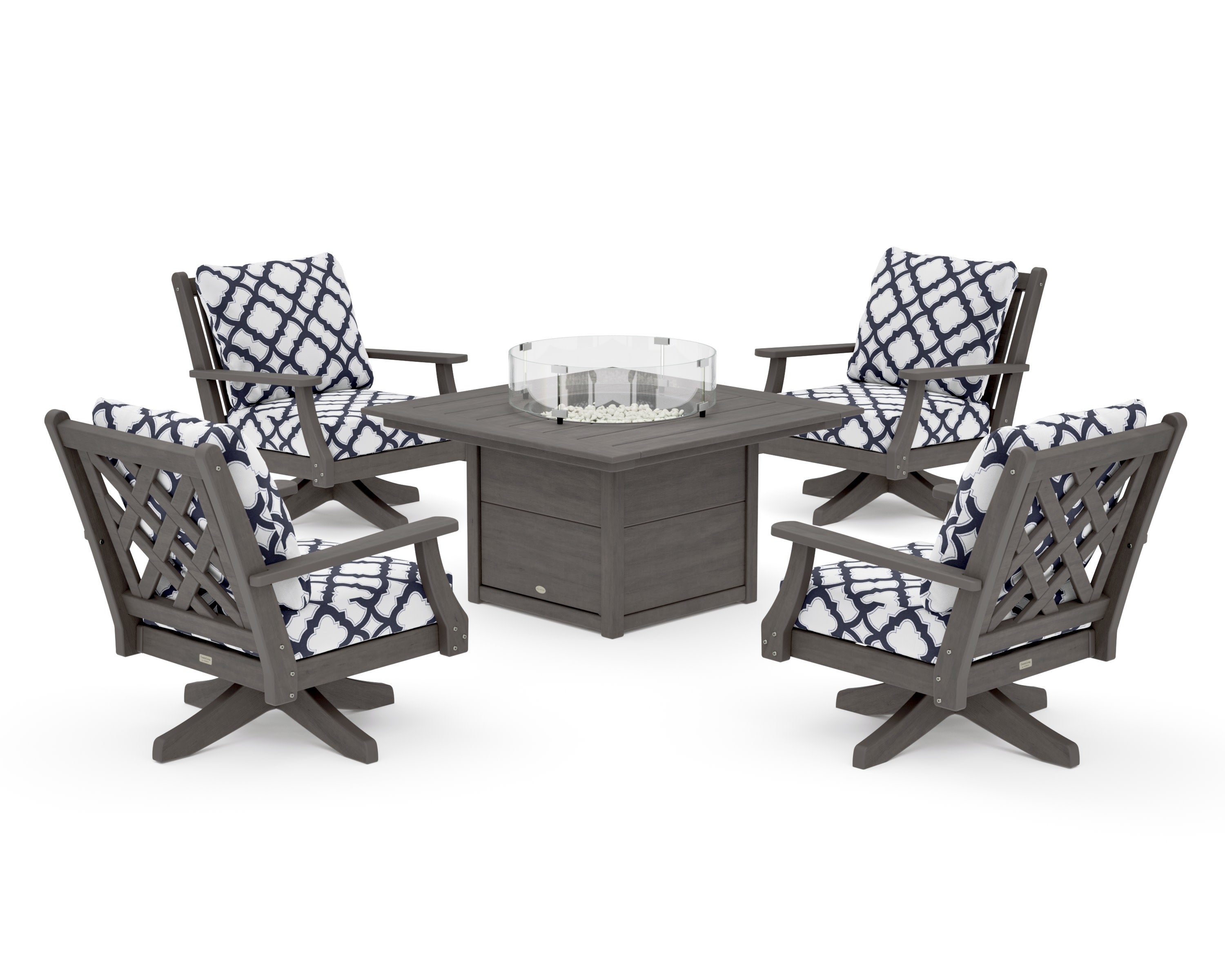 Wovendale 5-Piece Deep Seating Swivel Conversation Set with Fire Pit Table in Driftwood / Trellis Navy