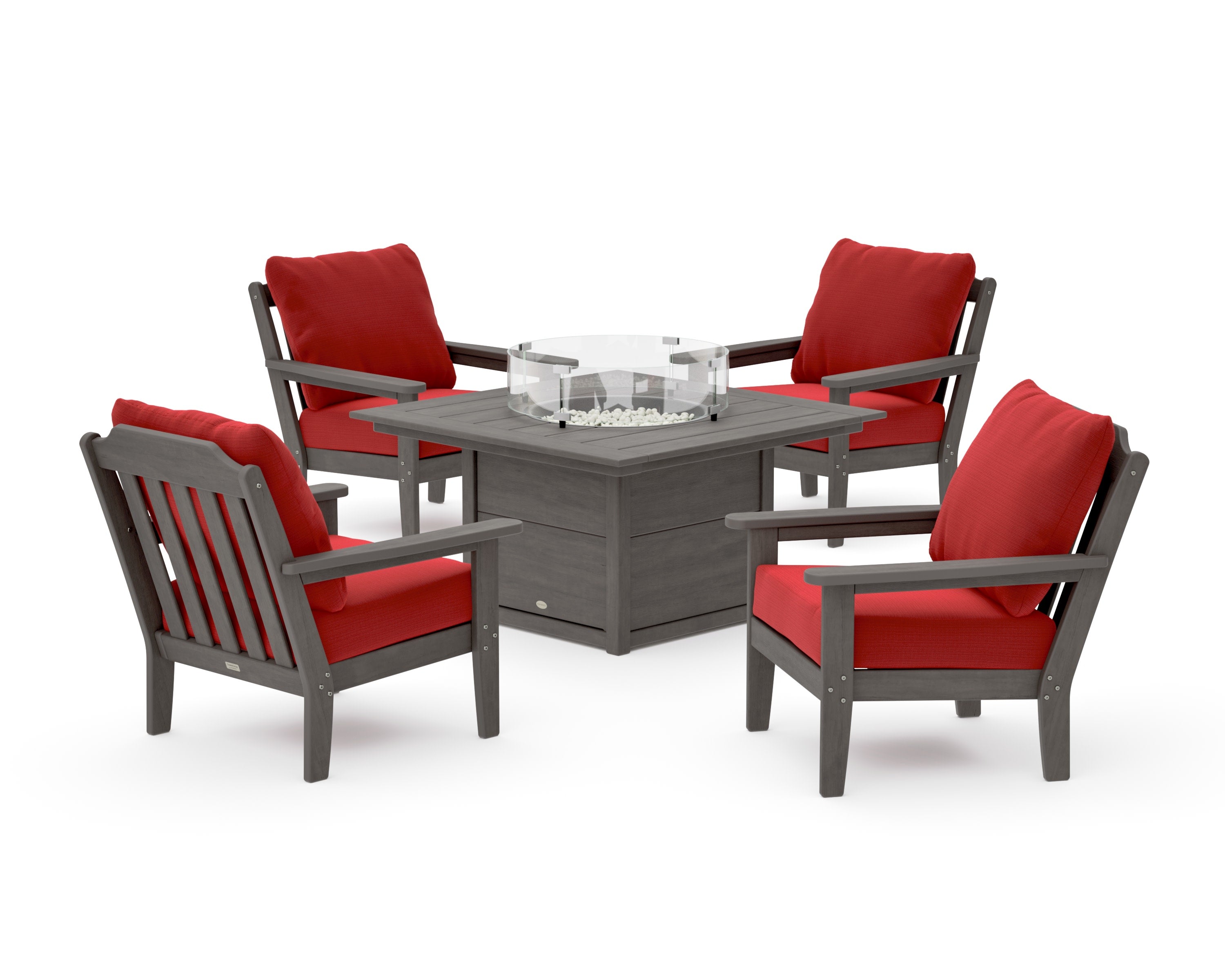 Cottage 5-Piece Deep Seating Set with Fire Pit Table in Driftwood / Crimson Linen