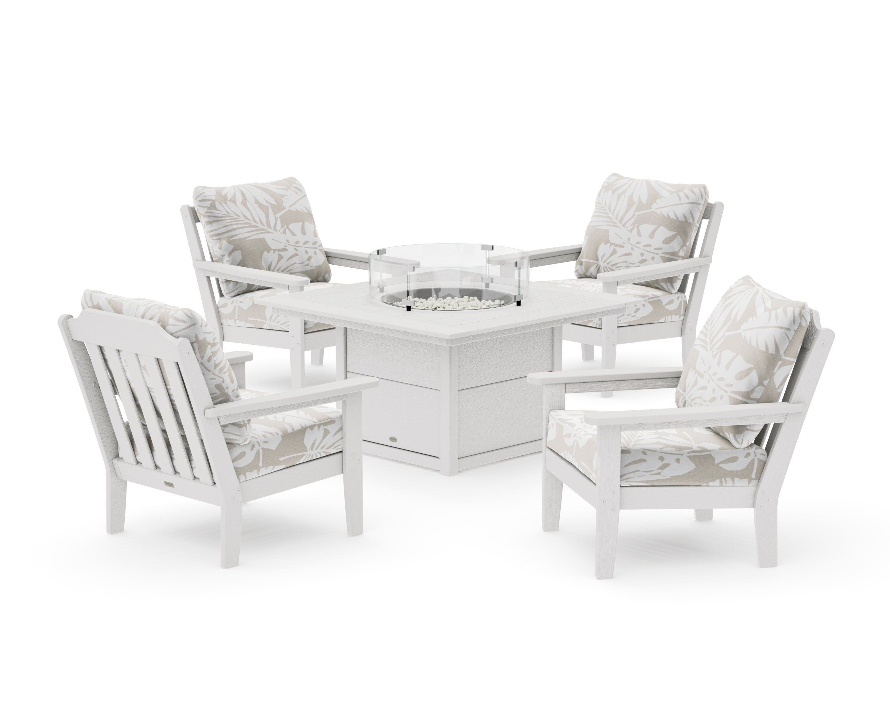 Cottage 5-Piece Deep Seating Set with Fire Pit Table in Vintage White / Leaf Dune Burlap