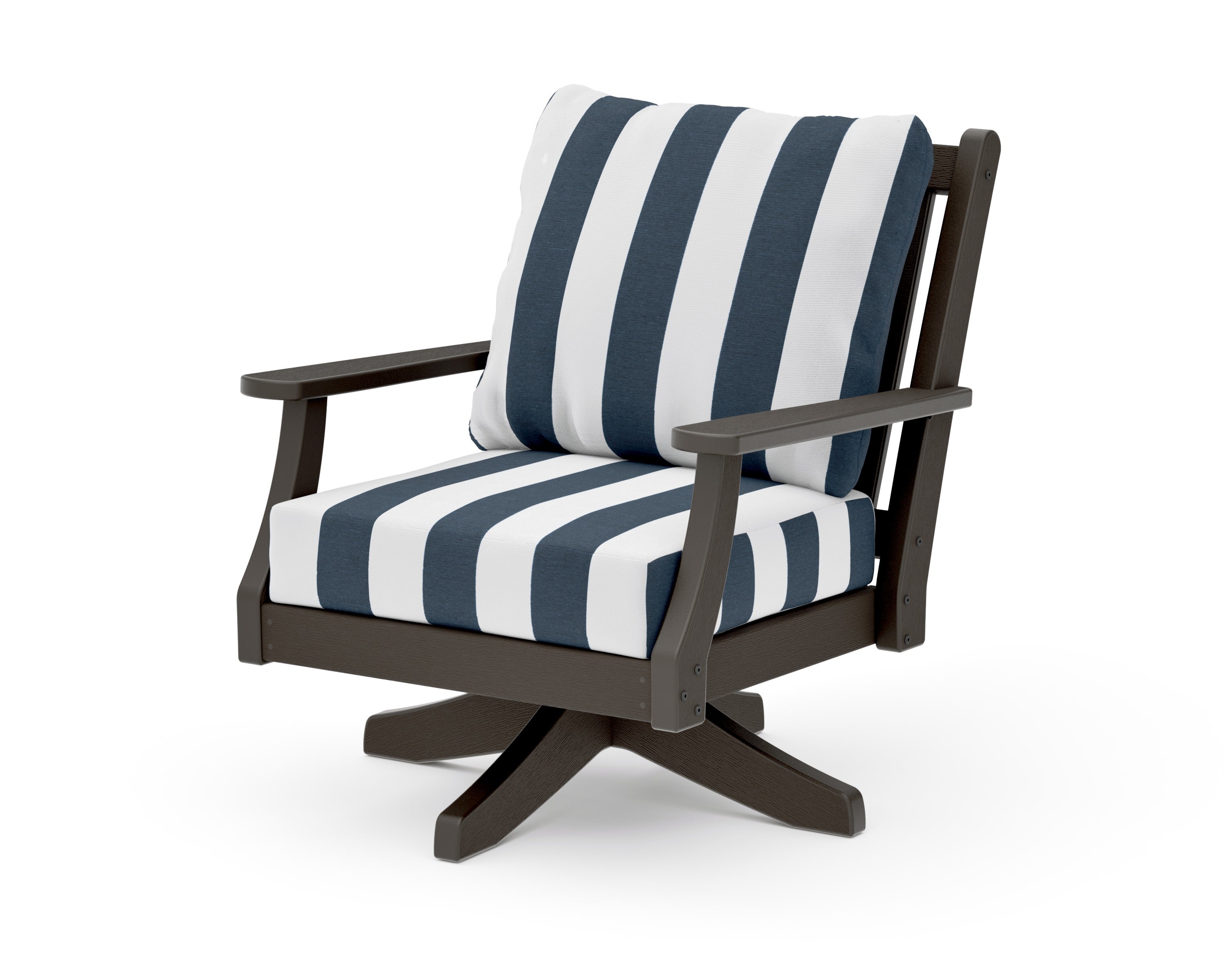 Wovendale Deep Seating Swivel Chair in Vintage Coffee / Cabana Stripe Marine Indigo