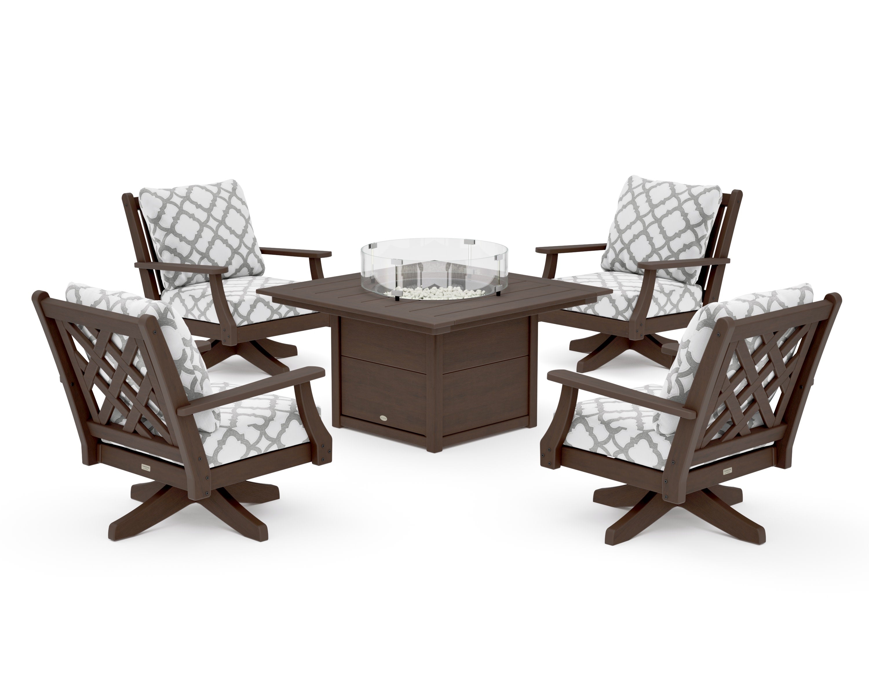 Wovendale 5-Piece Deep Seating Swivel Conversation Set with Fire Pit Table in Kona / Trellis Grey Mist