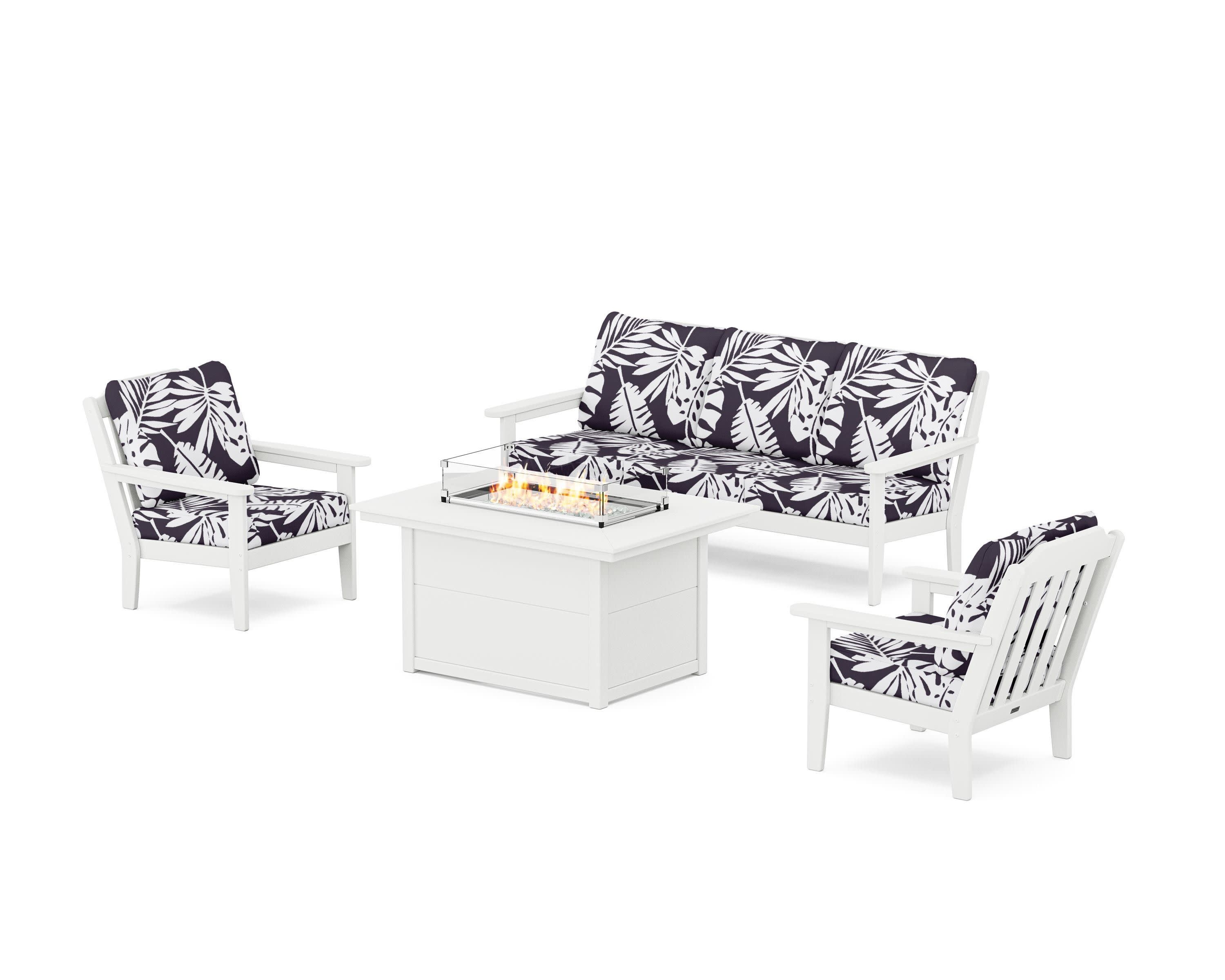 Cottage Deep Seating Fire Pit Table Set in White / Leaf Navy