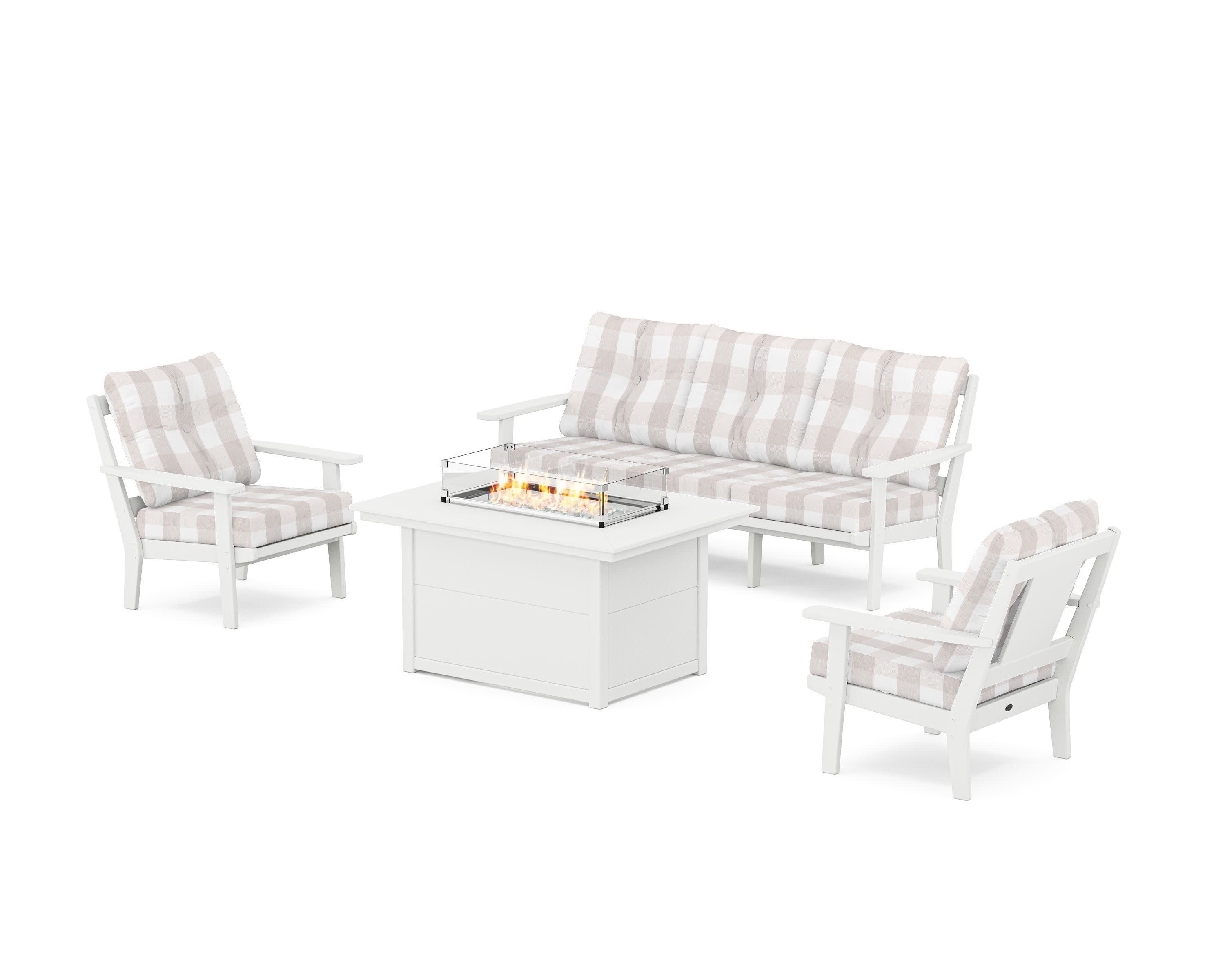Prairie Deep Seating Fire Pit Table Set in White / Buffalo Plaid Dune Burlap